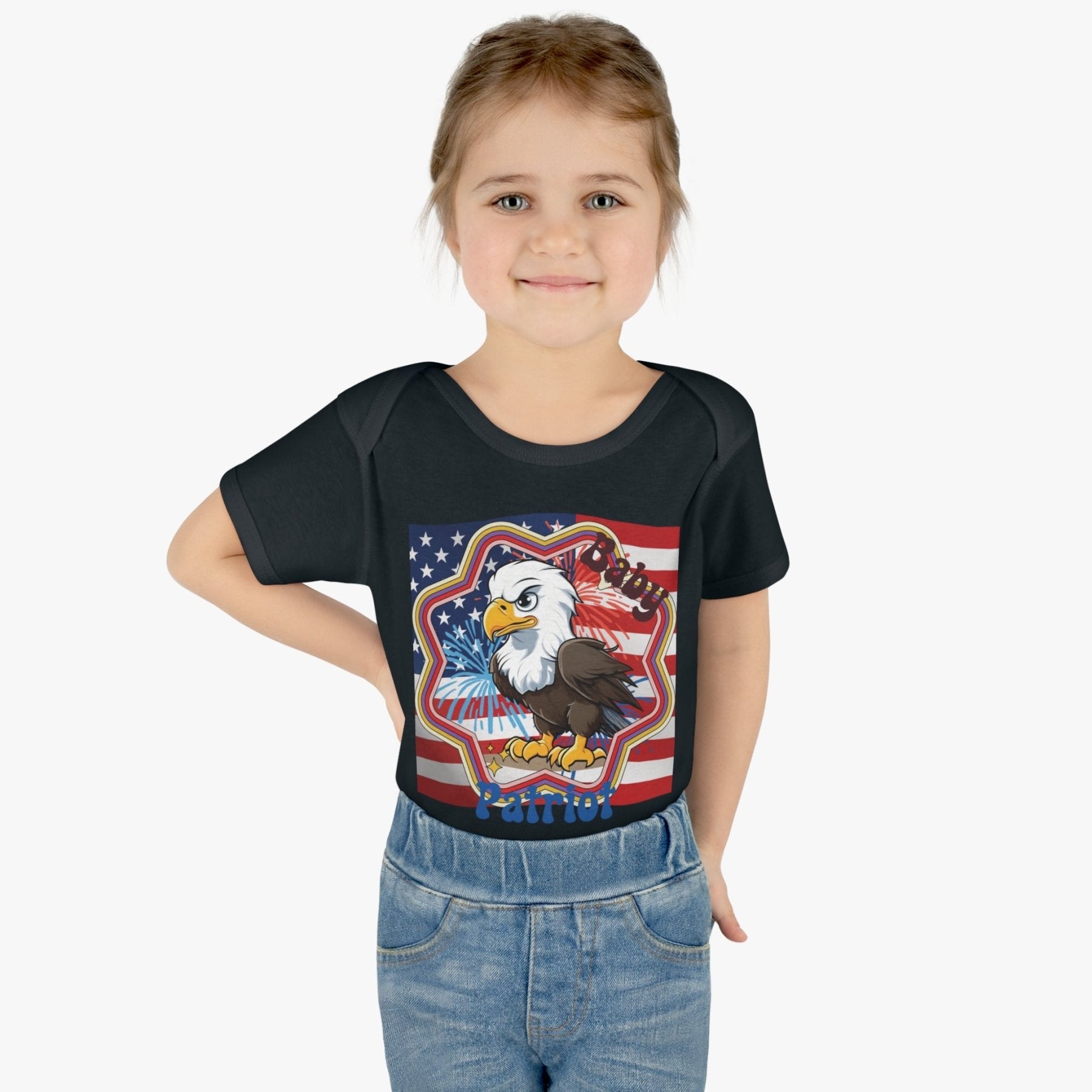 Baby Patriot, Baby Bald Eagle, Flag & Fireworks Background, Onesie, Bodysuit, 0M-24M - Janlyn's Crafts