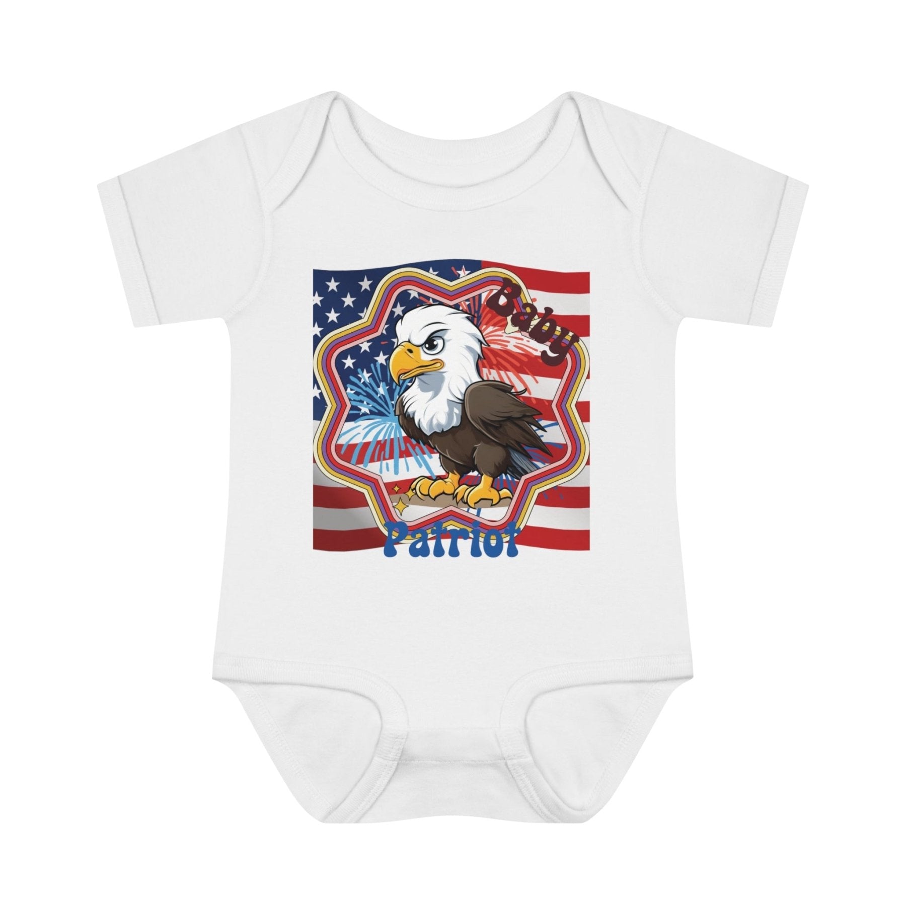 Baby Patriot, Baby Bald Eagle, Flag & Fireworks Background, Onesie, Bodysuit, 0M-24M - Janlyn's Crafts