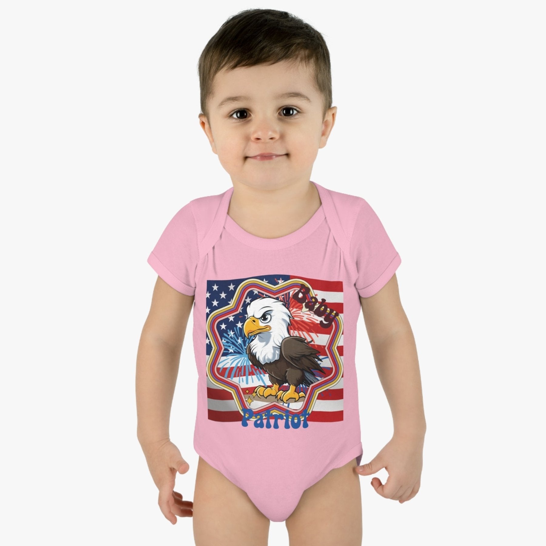 Baby Patriot, Baby Bald Eagle, Flag & Fireworks Background, Onesie, Bodysuit, 0M-24M - Janlyn's Crafts