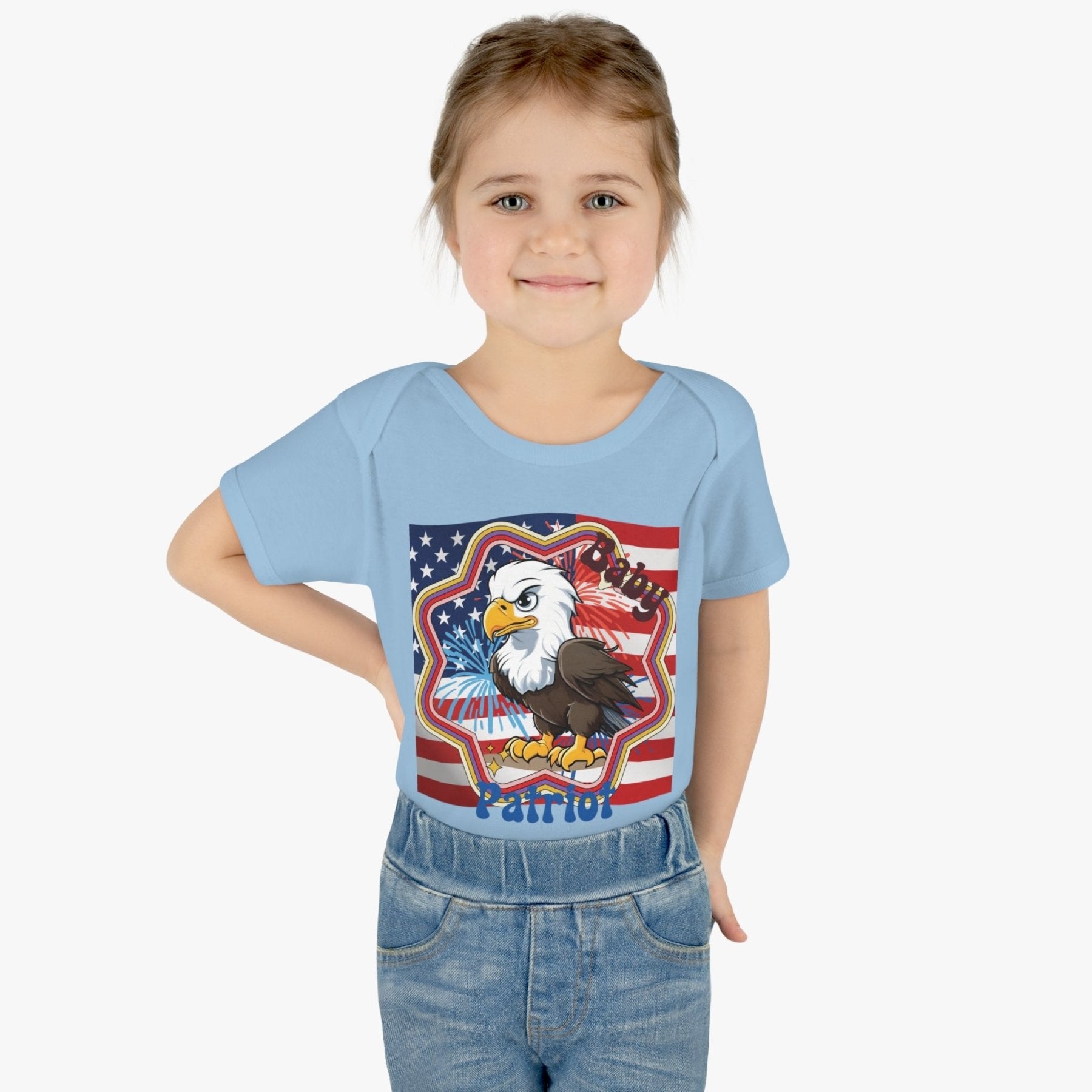 Baby Patriot, Baby Bald Eagle, Flag & Fireworks Background, Onesie, Bodysuit, 0M-24M - Janlyn's Crafts