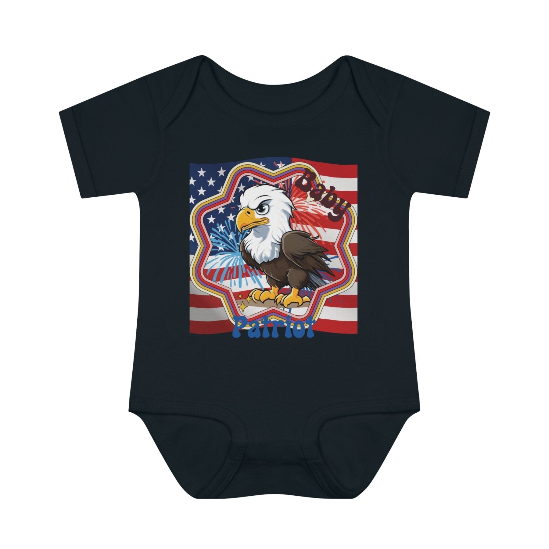 Baby Patriot, Baby Bald Eagle, Flag & Fireworks Background, Onesie, Bodysuit, 0M-24M - Janlyn's Crafts