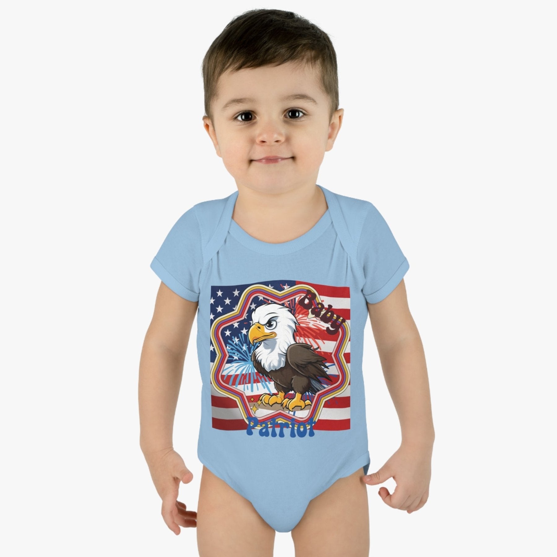 Baby Patriot, Baby Bald Eagle, Flag & Fireworks Background, Onesie, Bodysuit, 0M-24M - Janlyn's Crafts