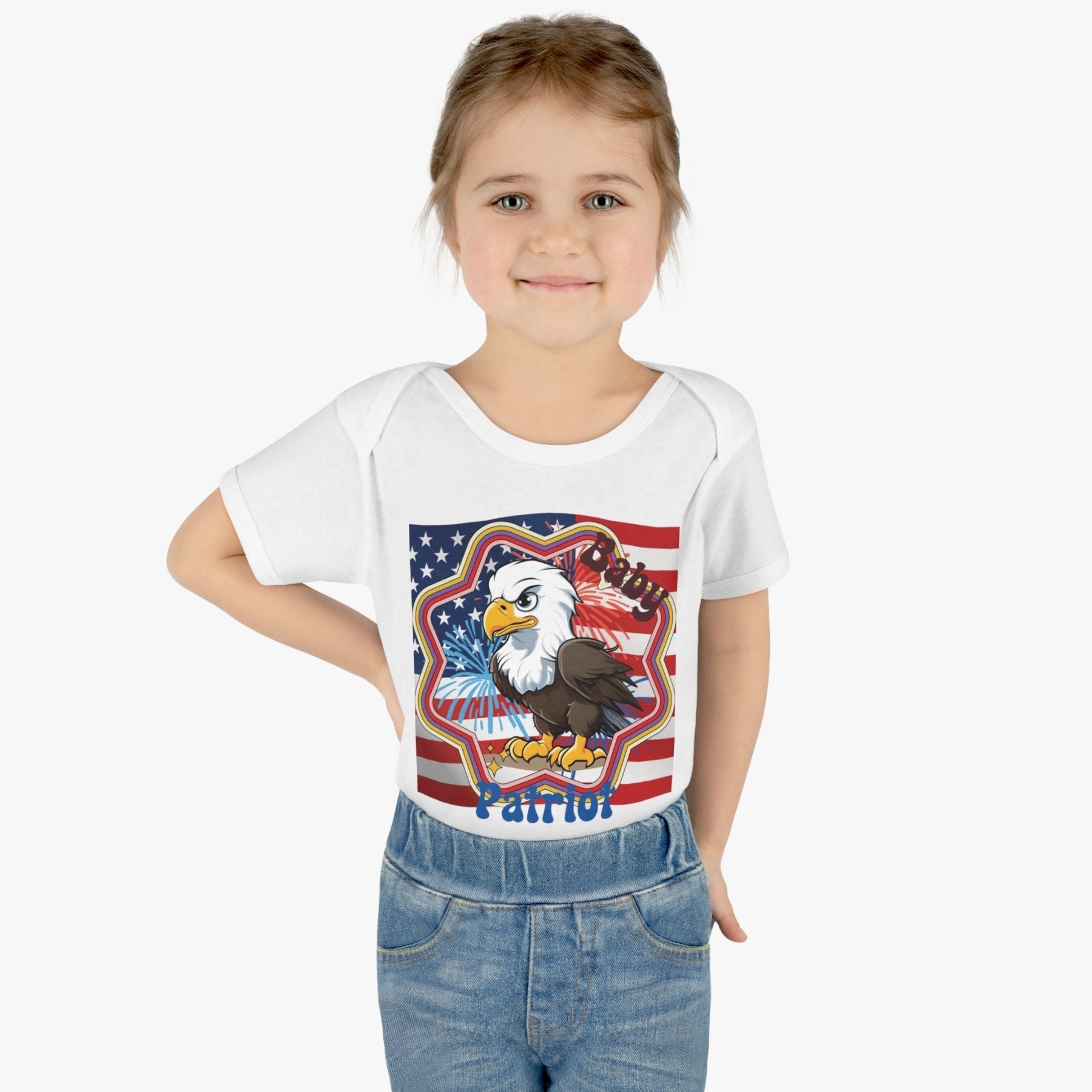 Baby Patriot, Baby Bald Eagle, Flag & Fireworks Background, Onesie, Bodysuit, 0M-24M - Janlyn's Crafts