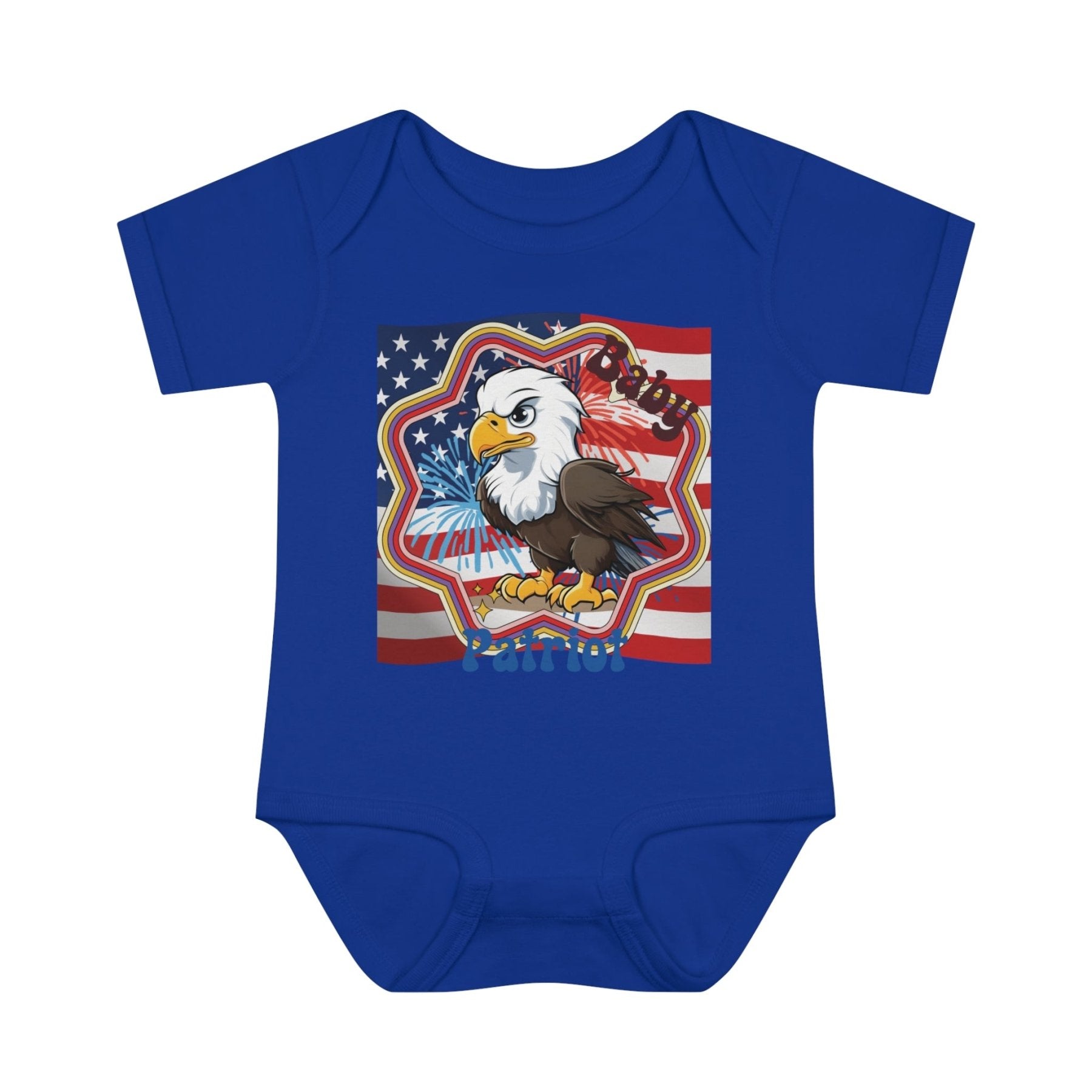 Baby Patriot, Baby Bald Eagle, Flag & Fireworks Background, Onesie, Bodysuit, 0M-24M - Janlyn's Crafts