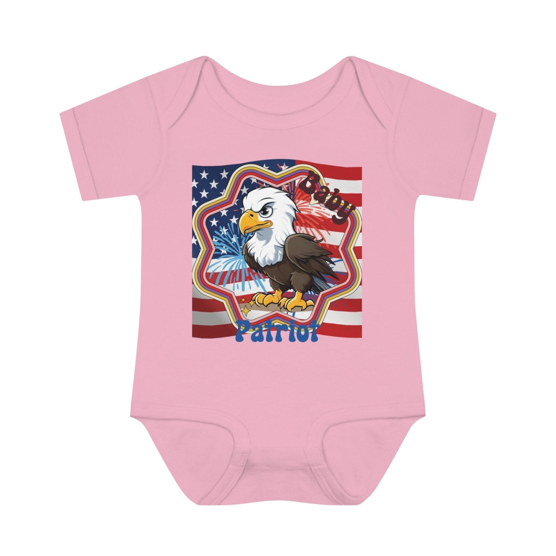 Baby Patriot, Baby Bald Eagle, Flag & Fireworks Background, Onesie, Bodysuit, 0M-24M - Janlyn's Crafts