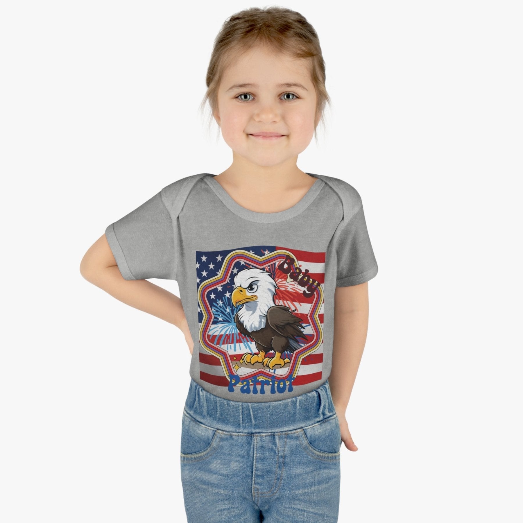 Baby Patriot, Baby Bald Eagle, Flag & Fireworks Background, Onesie, Bodysuit, 0M-24M - Janlyn's Crafts