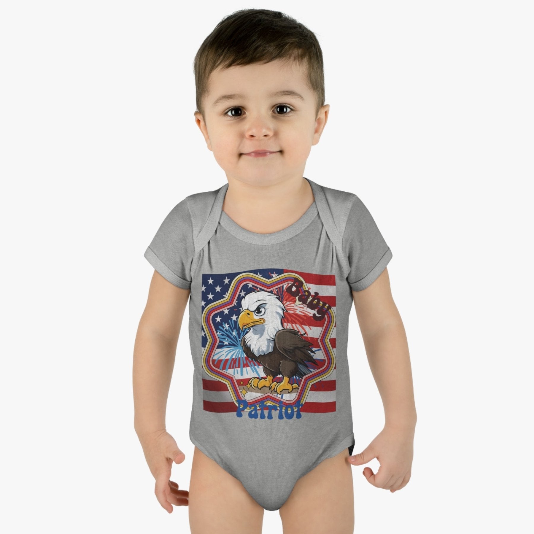 Baby Patriot, Baby Bald Eagle, Flag & Fireworks Background, Onesie, Bodysuit, 0M-24M - Janlyn's Crafts