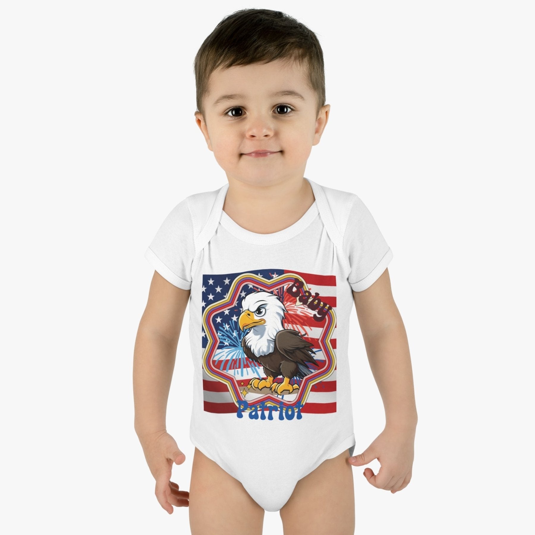 Baby Patriot, Baby Bald Eagle, Flag & Fireworks Background, Onesie, Bodysuit, 0M-24M - Janlyn's Crafts