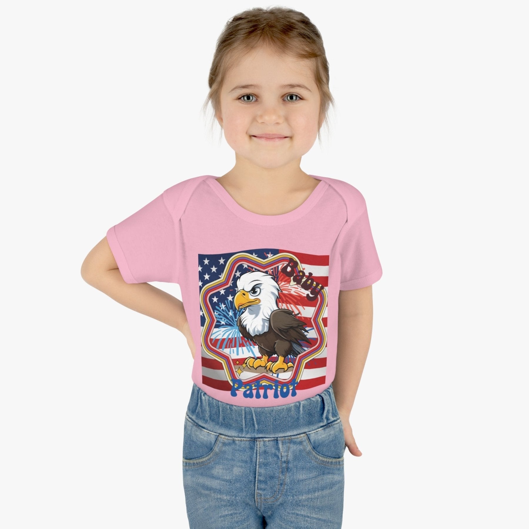 Baby Patriot, Baby Bald Eagle, Flag & Fireworks Background, Onesie, Bodysuit, 0M-24M - Janlyn's Crafts