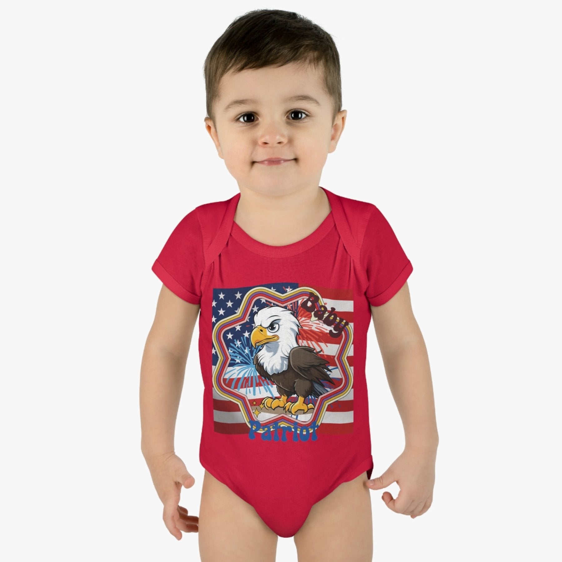 Baby Patriot, Baby Bald Eagle, Flag & Fireworks Background, Onesie, Bodysuit, 0M-24M - Janlyn's Crafts