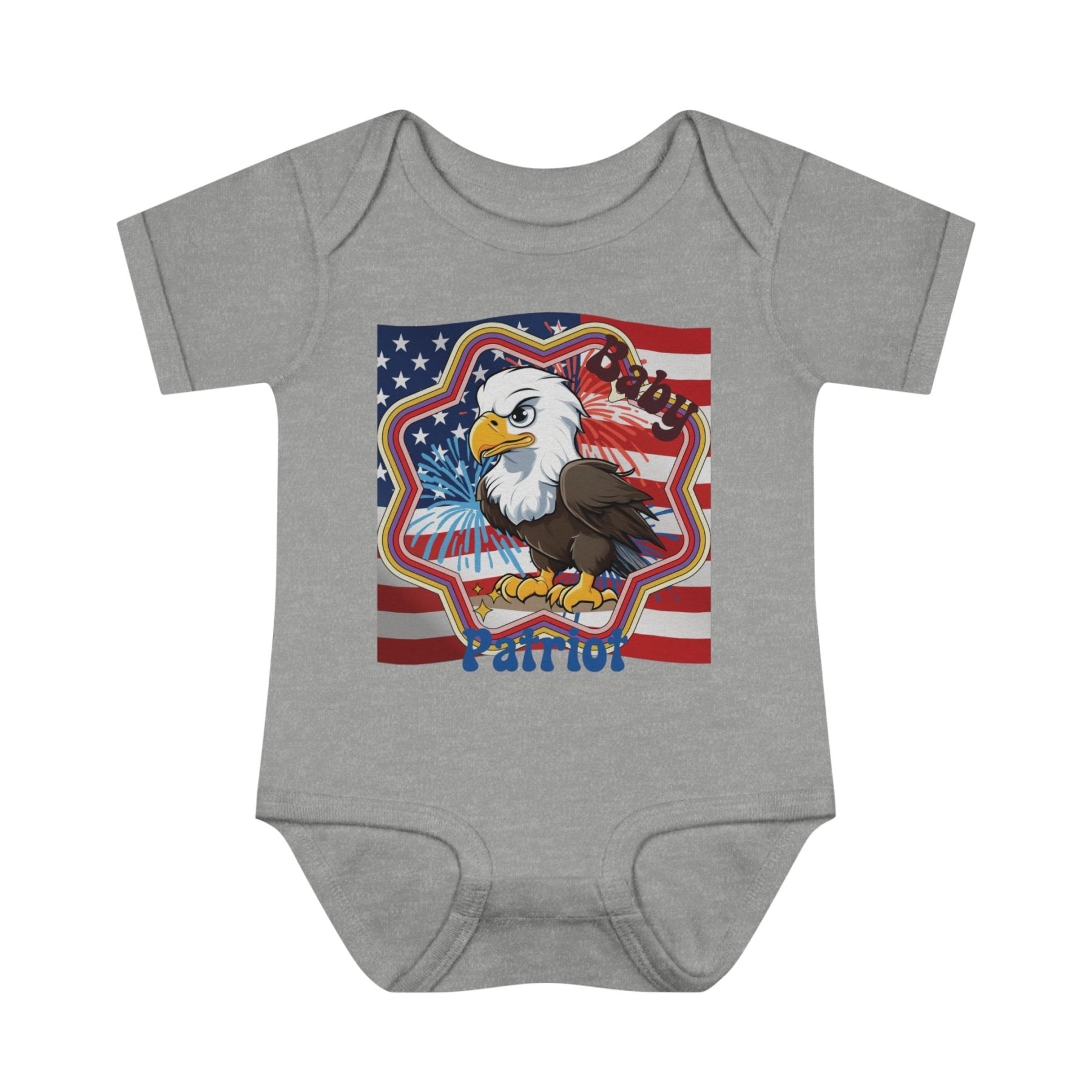 Baby Patriot, Baby Bald Eagle, Flag & Fireworks Background, Onesie, Bodysuit, 0M-24M - Janlyn's Crafts