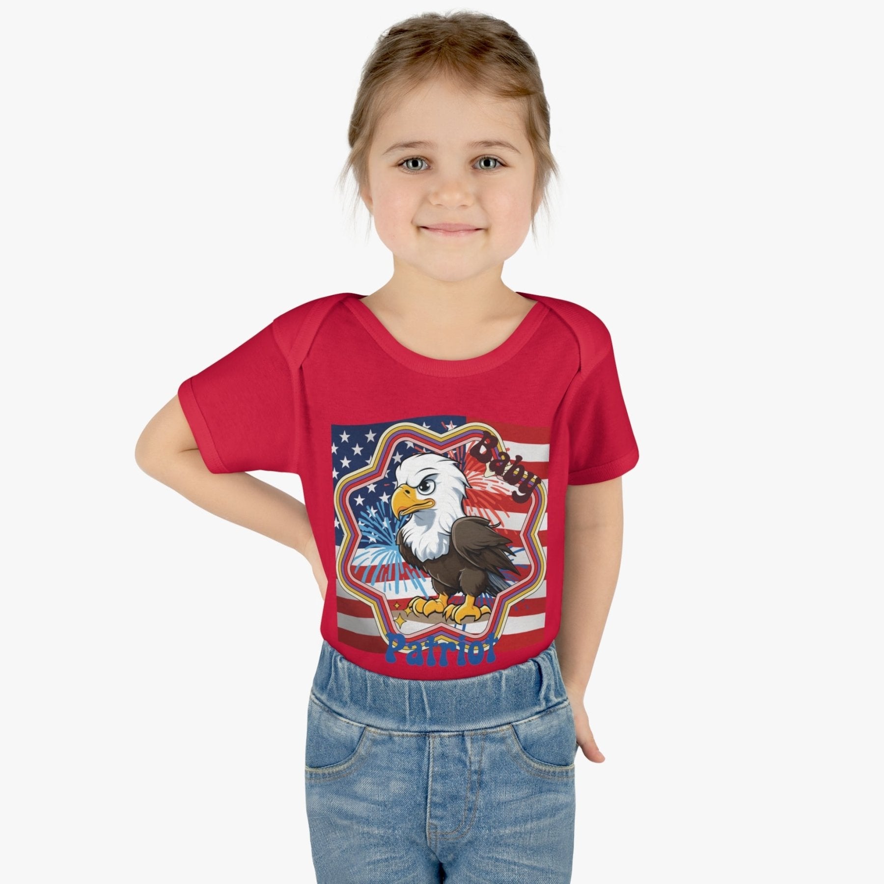 Baby Patriot, Baby Bald Eagle, Flag & Fireworks Background, Onesie, Bodysuit, 0M-24M - Janlyn's Crafts