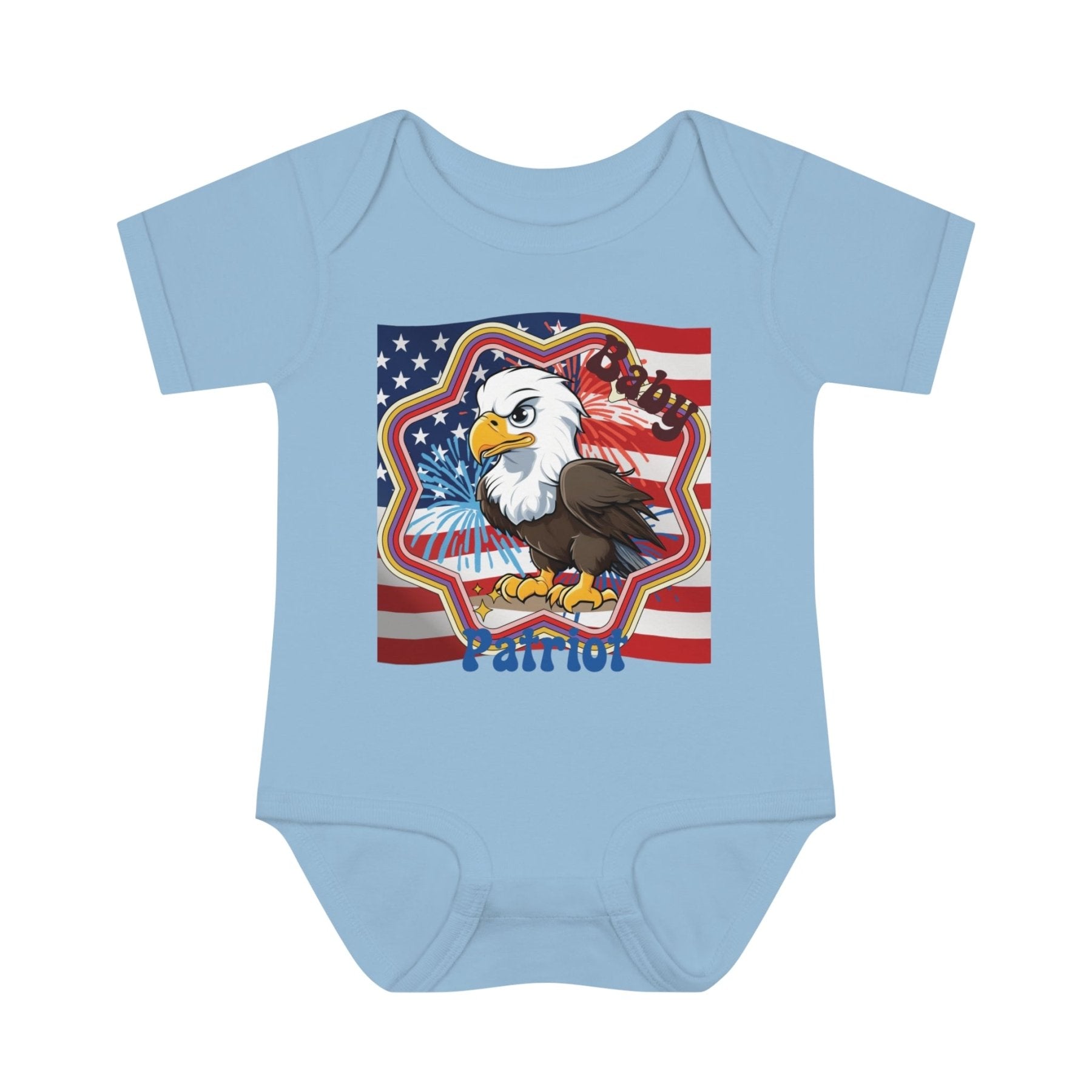 Baby Patriot, Baby Bald Eagle, Flag & Fireworks Background, Onesie, Bodysuit, 0M-24M - Janlyn's Crafts