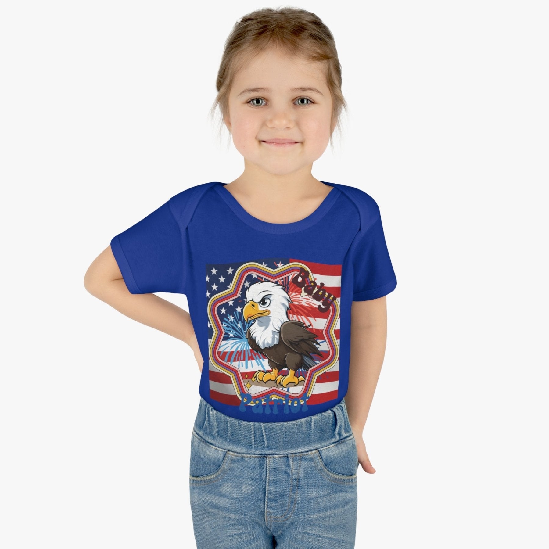 Baby Patriot, Baby Bald Eagle, Flag & Fireworks Background, Onesie, Bodysuit, 0M-24M - Janlyn's Crafts