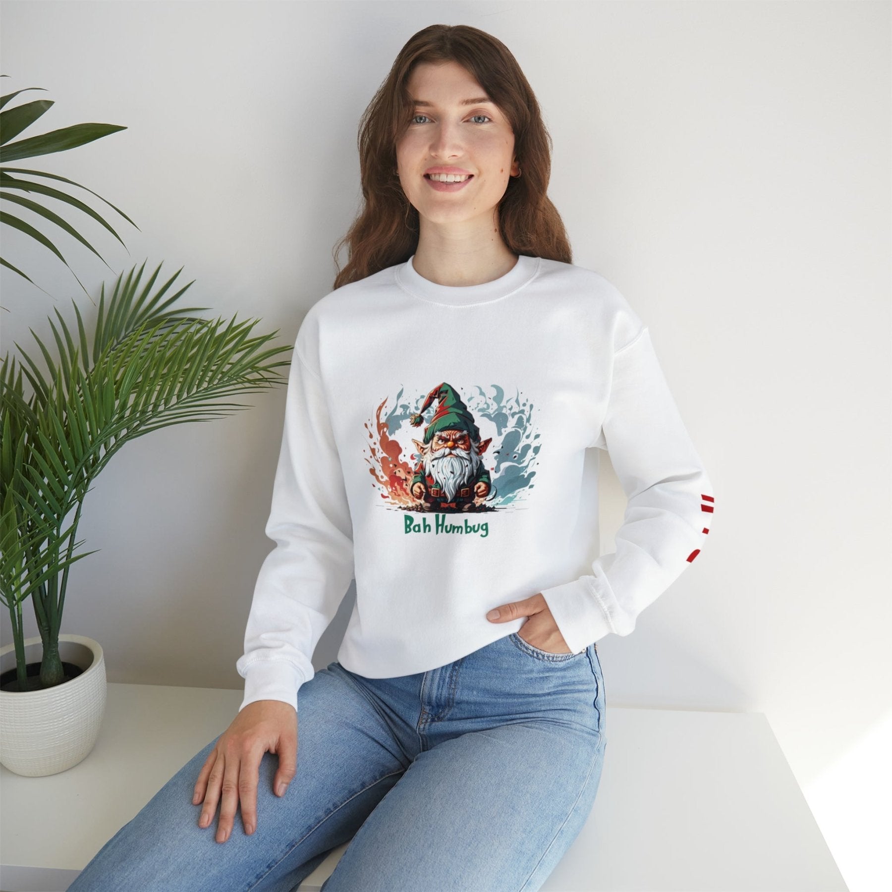 Bah Humbug, Unisex 18000 Gildan Unisex Heavy Blend™ Crewneck Sweatshirt with Sleeve Print, Gnome 1 - Janlyn's Crafts