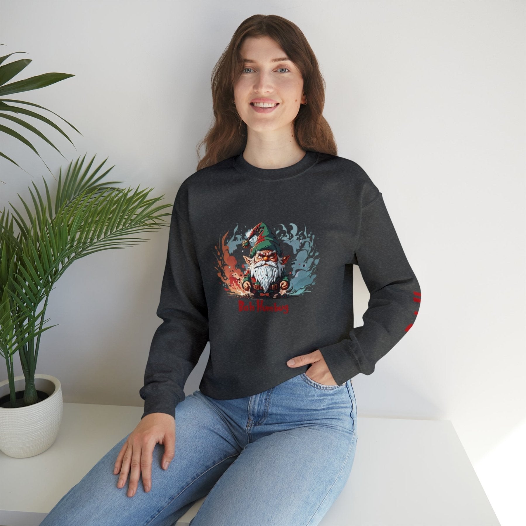 Bah Humbug, Unisex 18000 Gildan Unisex Heavy Blend™ Crewneck Sweatshirt with Sleeve Print, Gnome 1 - Janlyn's Crafts