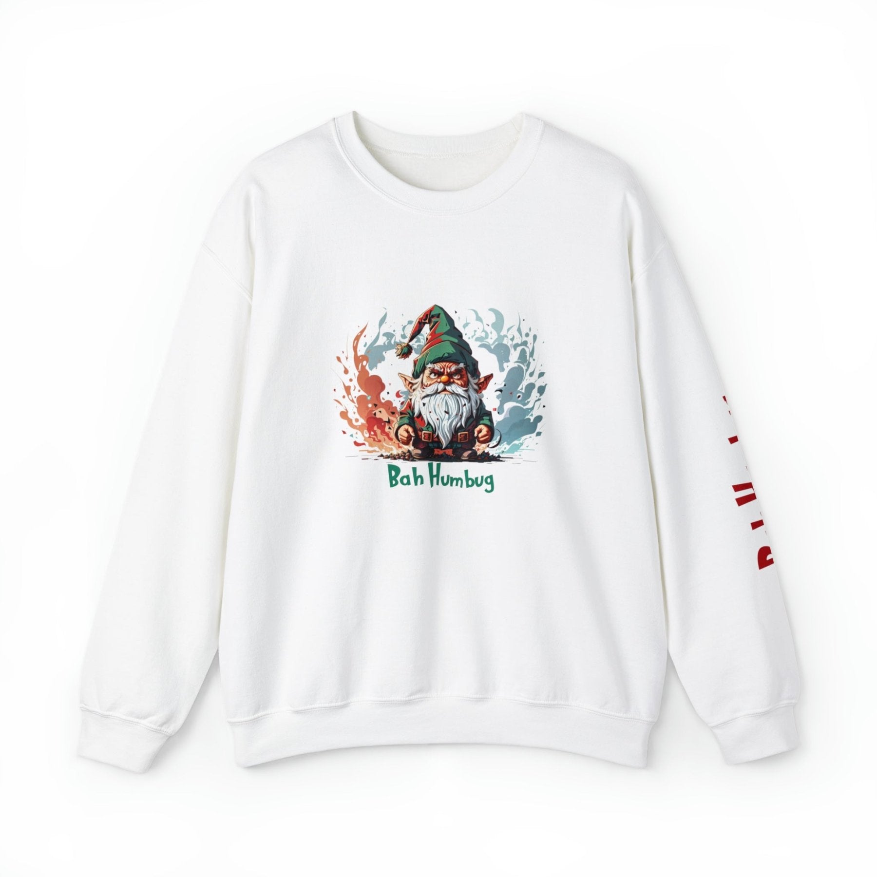 Bah Humbug, Unisex 18000 Gildan Unisex Heavy Blend™ Crewneck Sweatshirt with Sleeve Print, Gnome 1 - Janlyn's Crafts