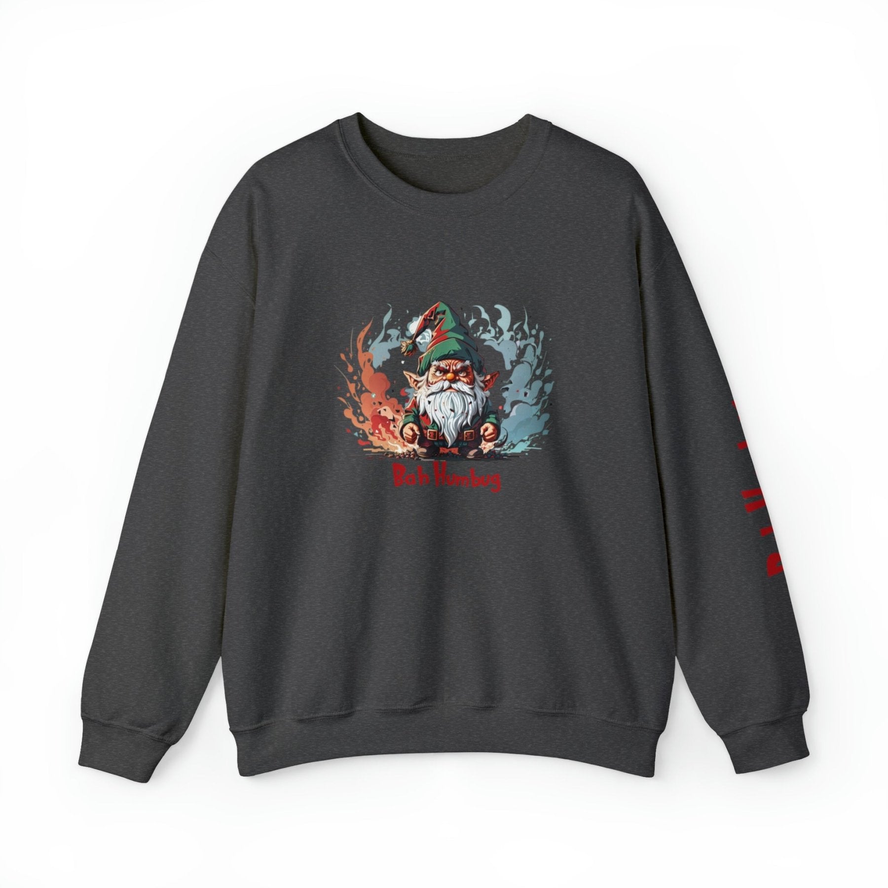 Bah Humbug, Unisex 18000 Gildan Unisex Heavy Blend™ Crewneck Sweatshirt with Sleeve Print, Gnome 1 - Janlyn's Crafts