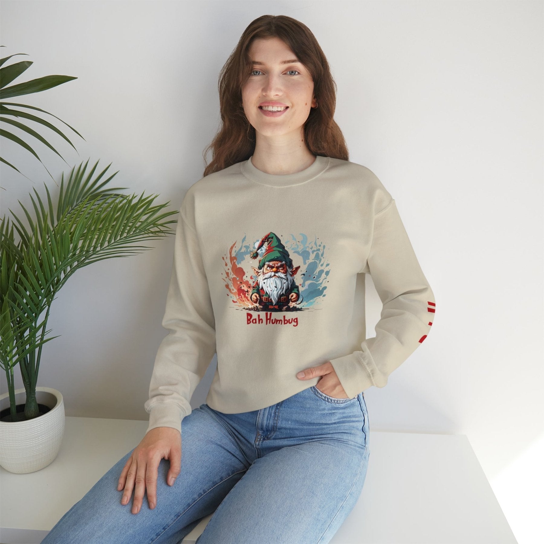 Bah Humbug, Unisex 18000 Gildan Unisex Heavy Blend™ Crewneck Sweatshirt with Sleeve Print, Gnome 1 - Janlyn's Crafts