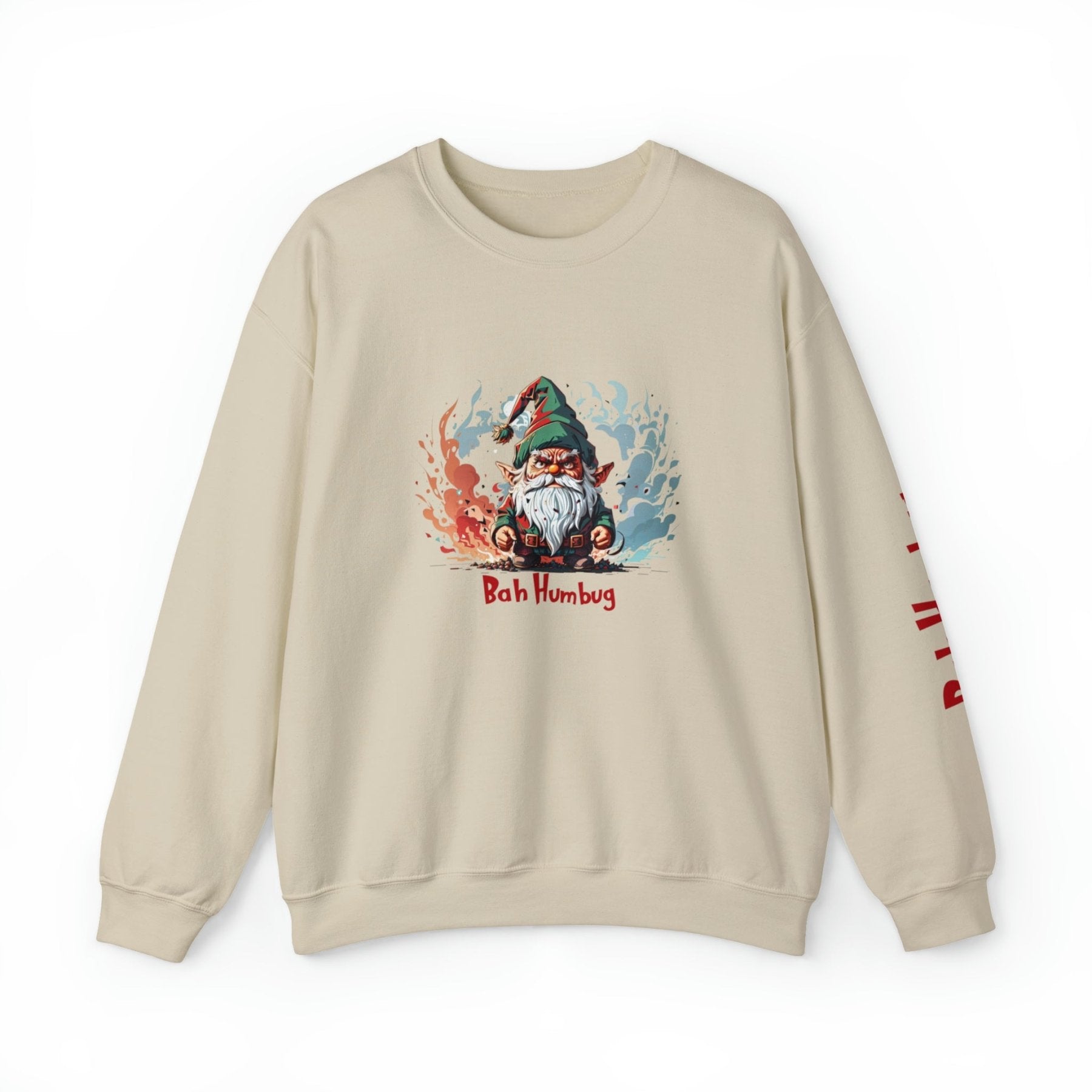 Bah Humbug, Unisex 18000 Gildan Unisex Heavy Blend™ Crewneck Sweatshirt with Sleeve Print, Gnome 1 - Janlyn's Crafts