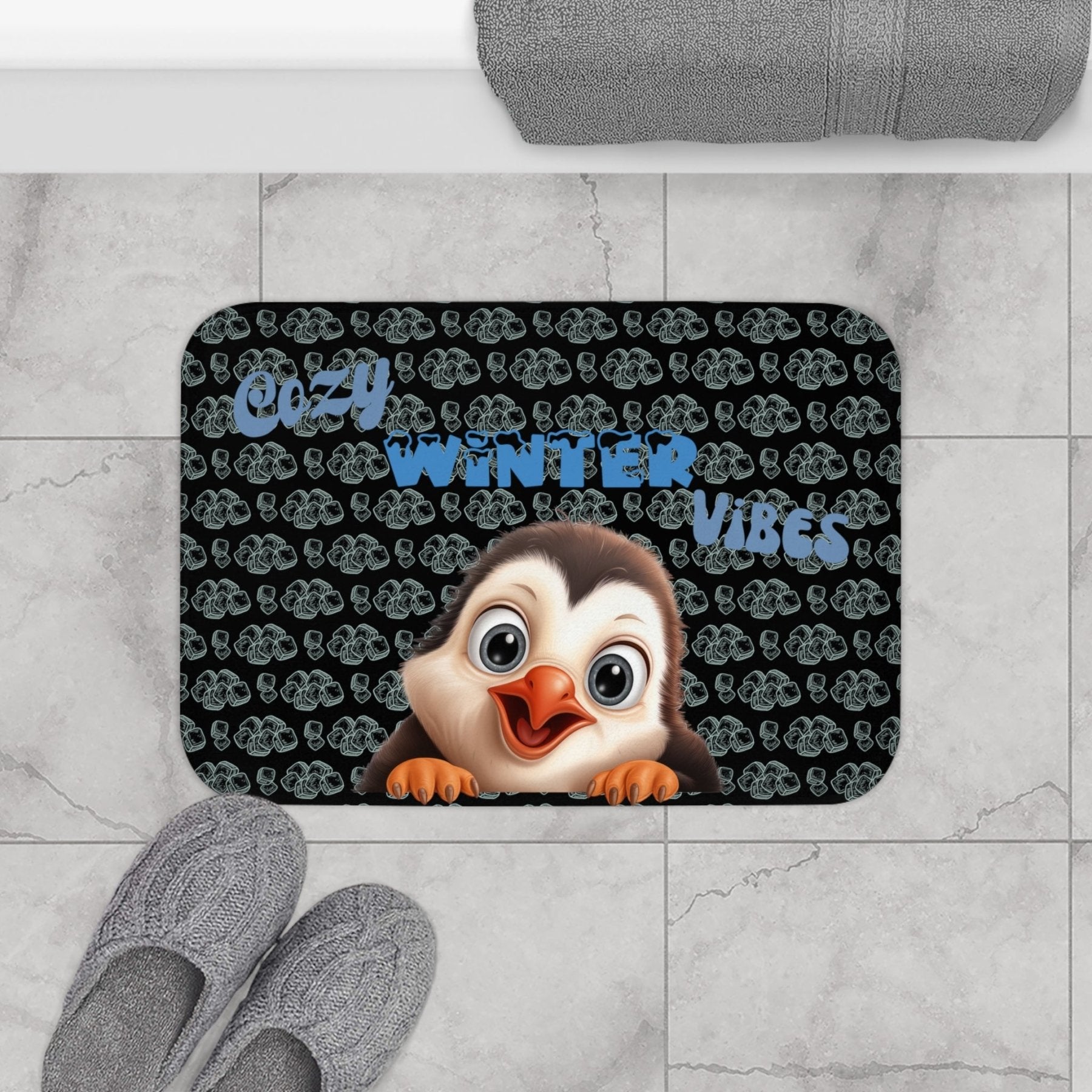 Bath Mat, Winter, Cozy Winter Vibes, Black, Penguin 1 - Janlyn's Crafts