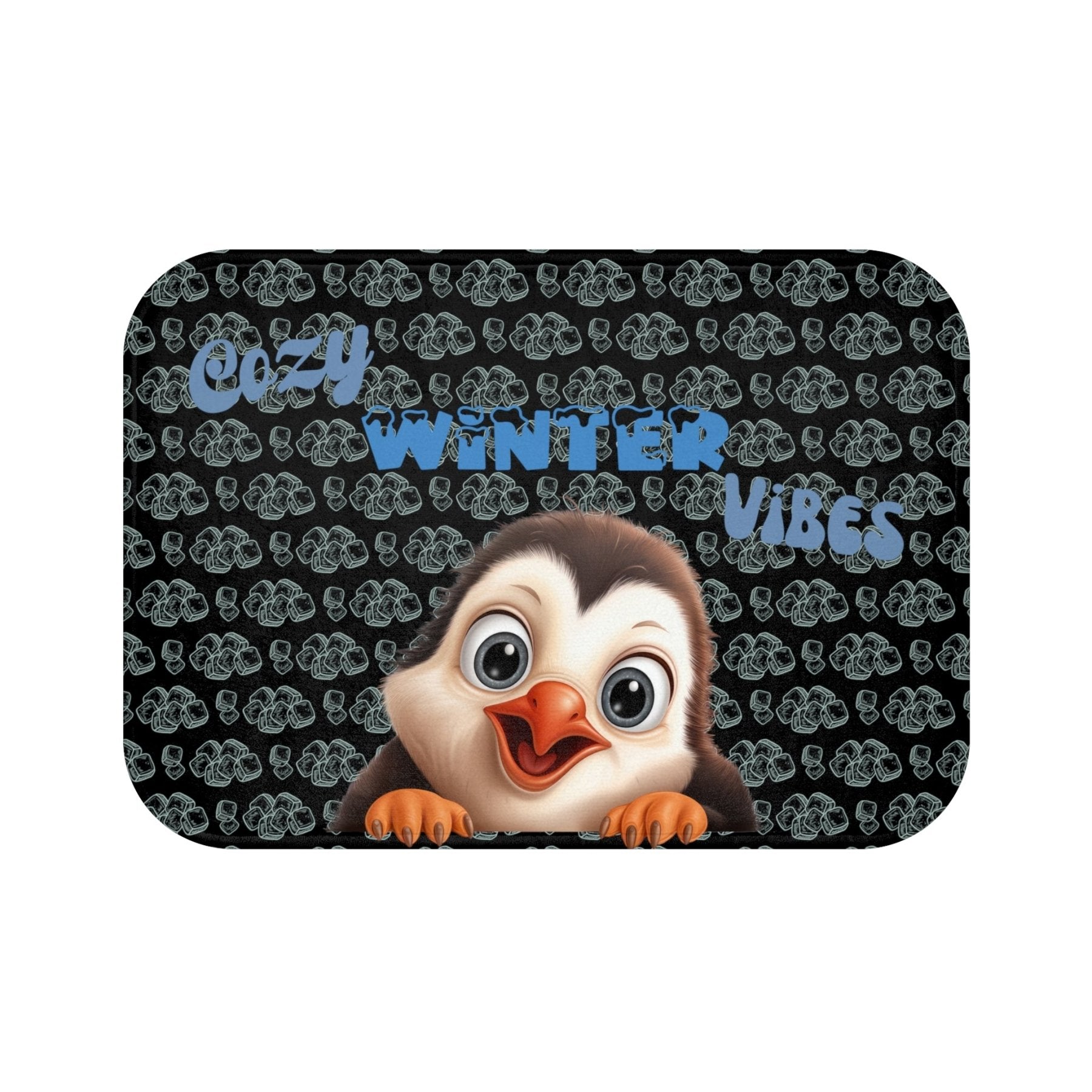 Bath Mat, Winter, Cozy Winter Vibes, Black, Penguin 1 - Janlyn's Crafts