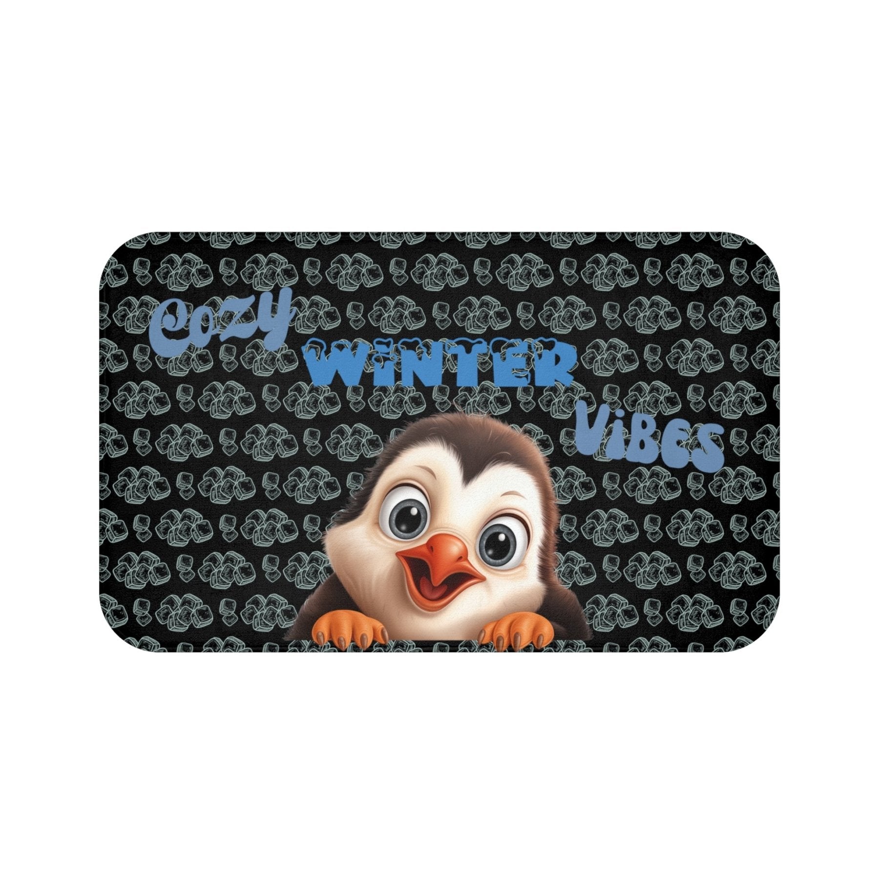 Bath Mat, Winter, Cozy Winter Vibes, Black, Penguin 1 - Janlyn's Crafts