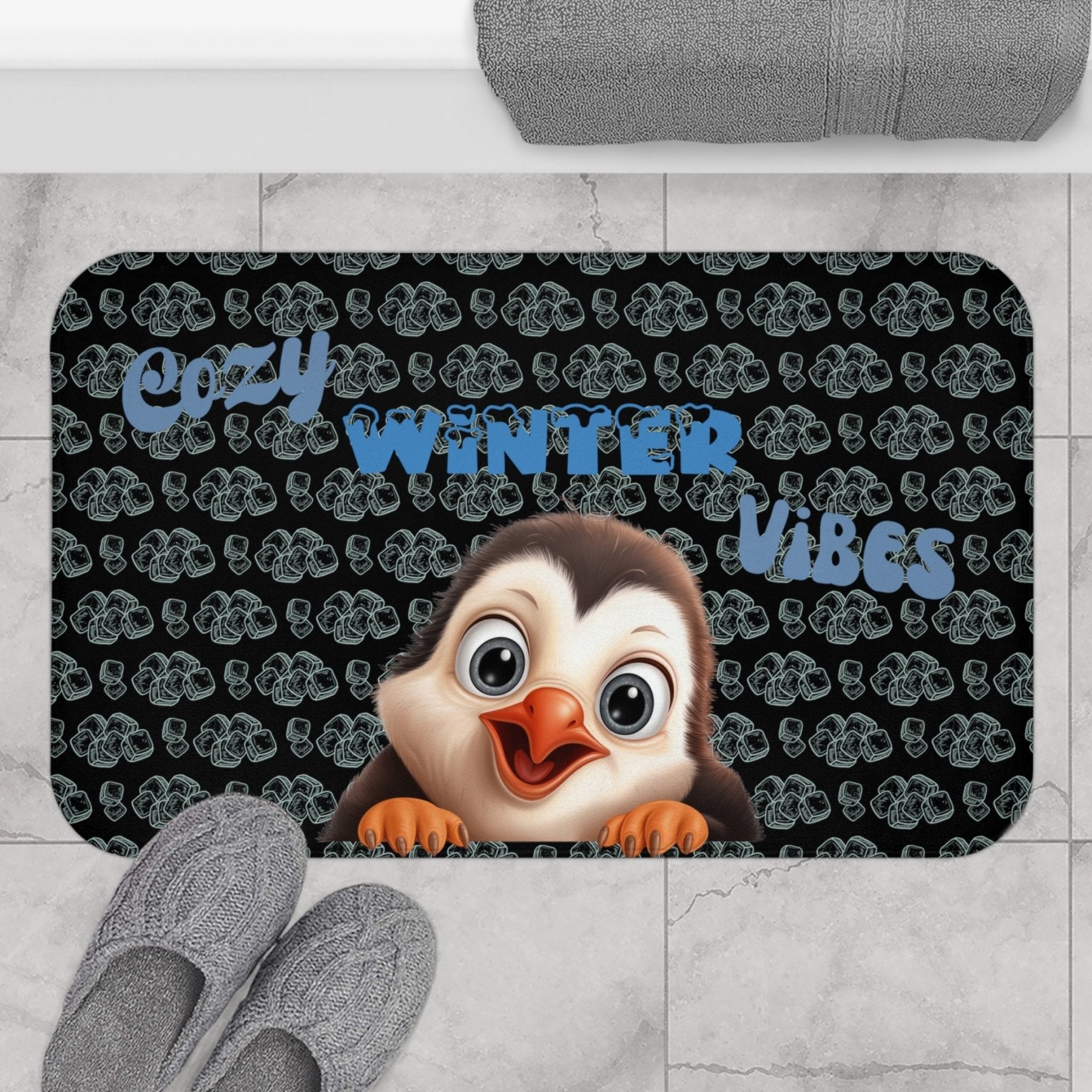 Bath Mat, Winter, Cozy Winter Vibes, Black, Penguin 1 - Janlyn's Crafts