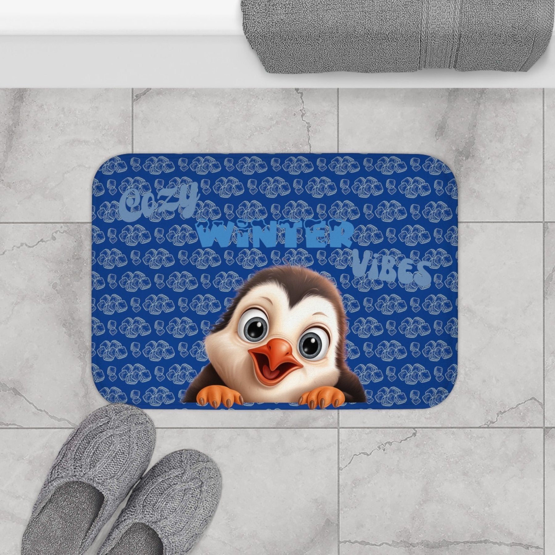 Bath Mat, Winter, Cozy Winter Vibes, Dark Blue, Penguin 1 - Janlyn's Crafts