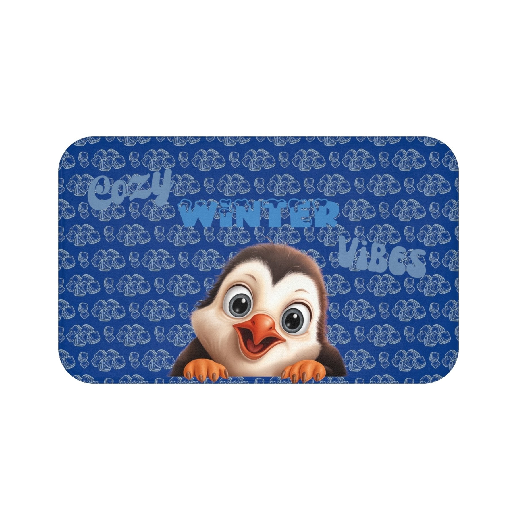 Bath Mat, Winter, Cozy Winter Vibes, Dark Blue, Penguin 1 - Janlyn's Crafts