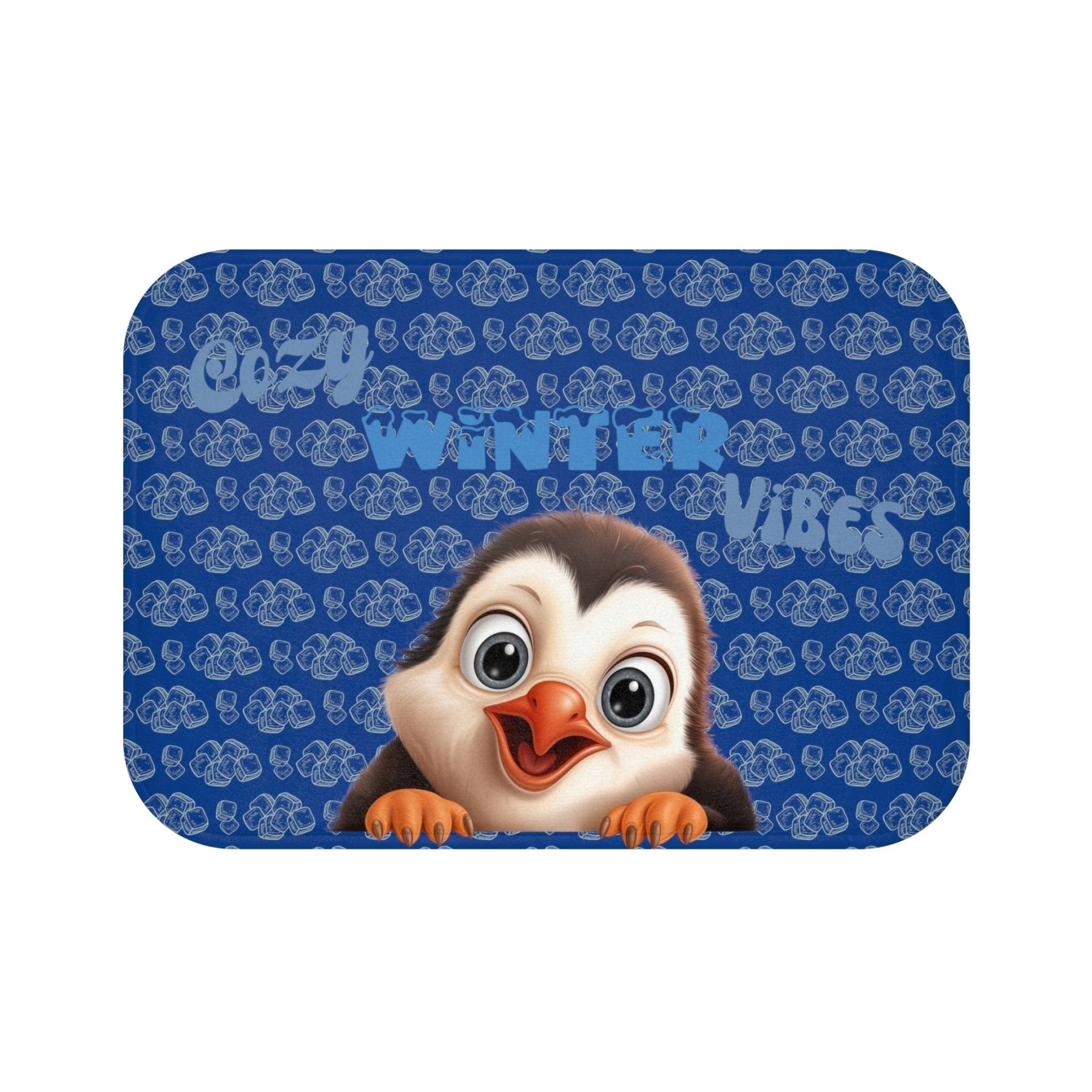 Bath Mat, Winter, Cozy Winter Vibes, Dark Blue, Penguin 1 - Janlyn's Crafts