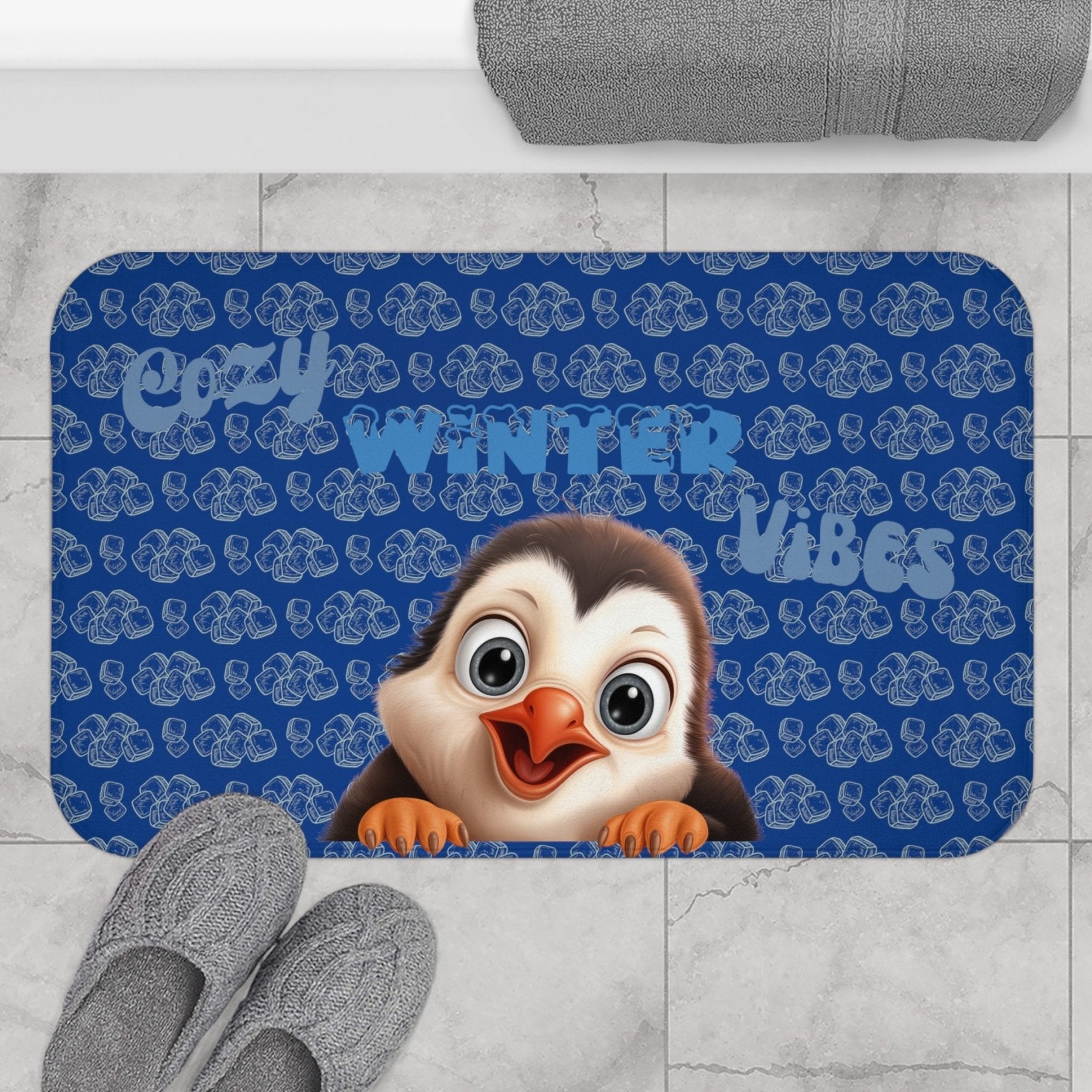 Bath Mat, Winter, Cozy Winter Vibes, Dark Blue, Penguin 1 - Janlyn's Crafts