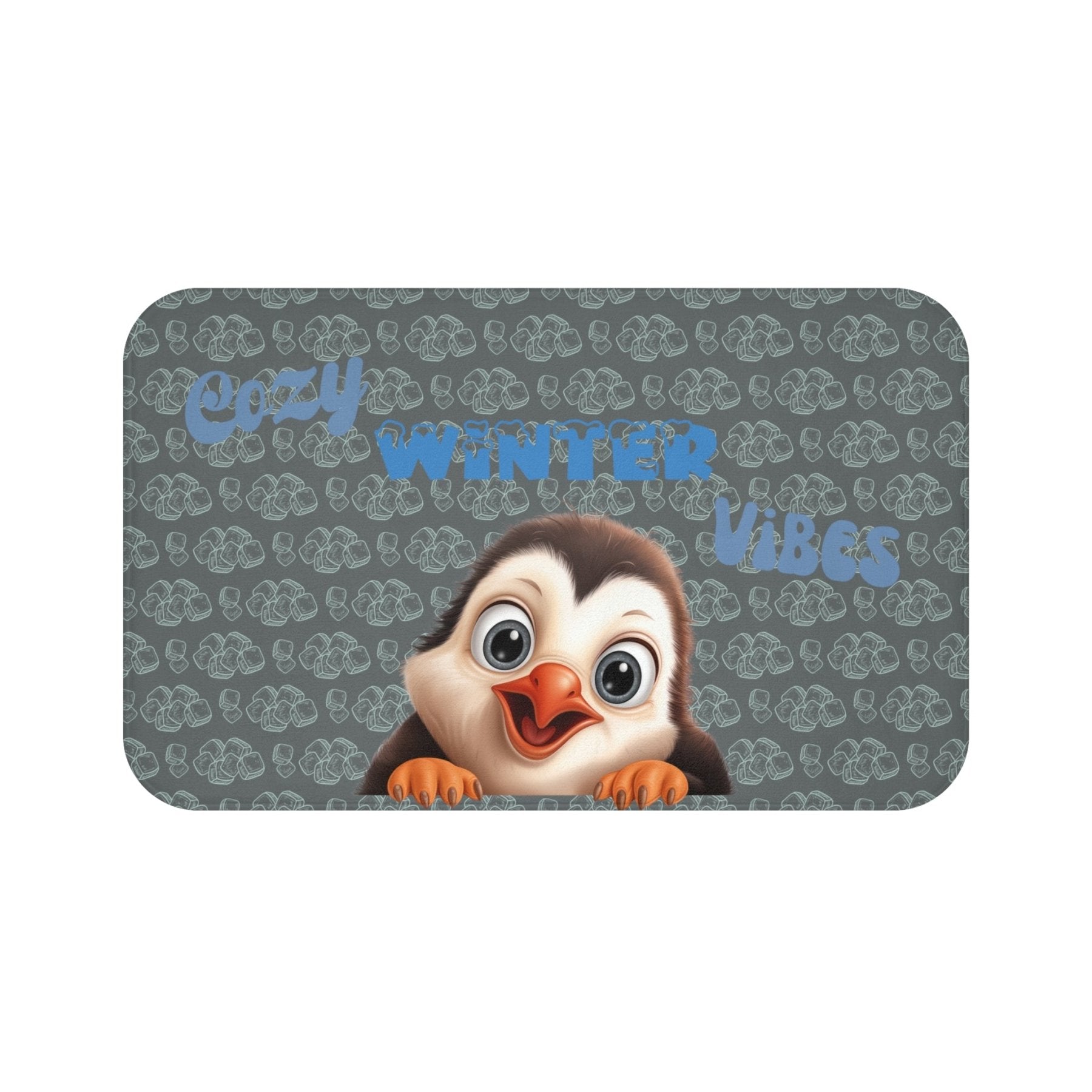 Bath Mat, Winter, Cozy Winter Vibes, Dark Gray, Penguin 1 - Janlyn's Crafts