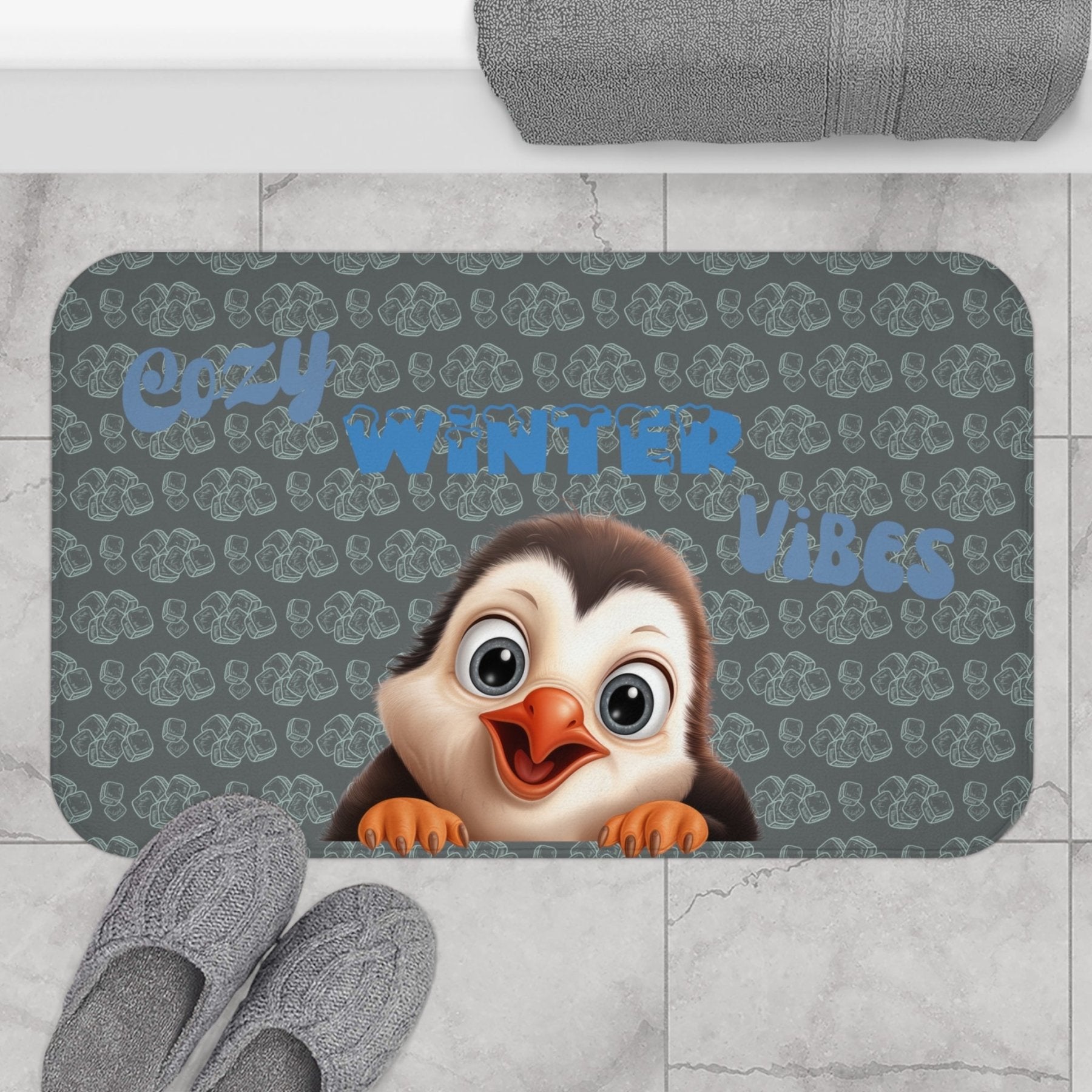 Bath Mat, Winter, Cozy Winter Vibes, Dark Gray, Penguin 1 - Janlyn's Crafts