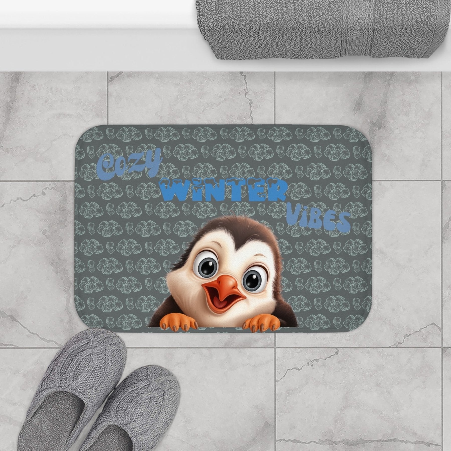 Bath Mat, Winter, Cozy Winter Vibes, Dark Gray, Penguin 1 - Janlyn's Crafts