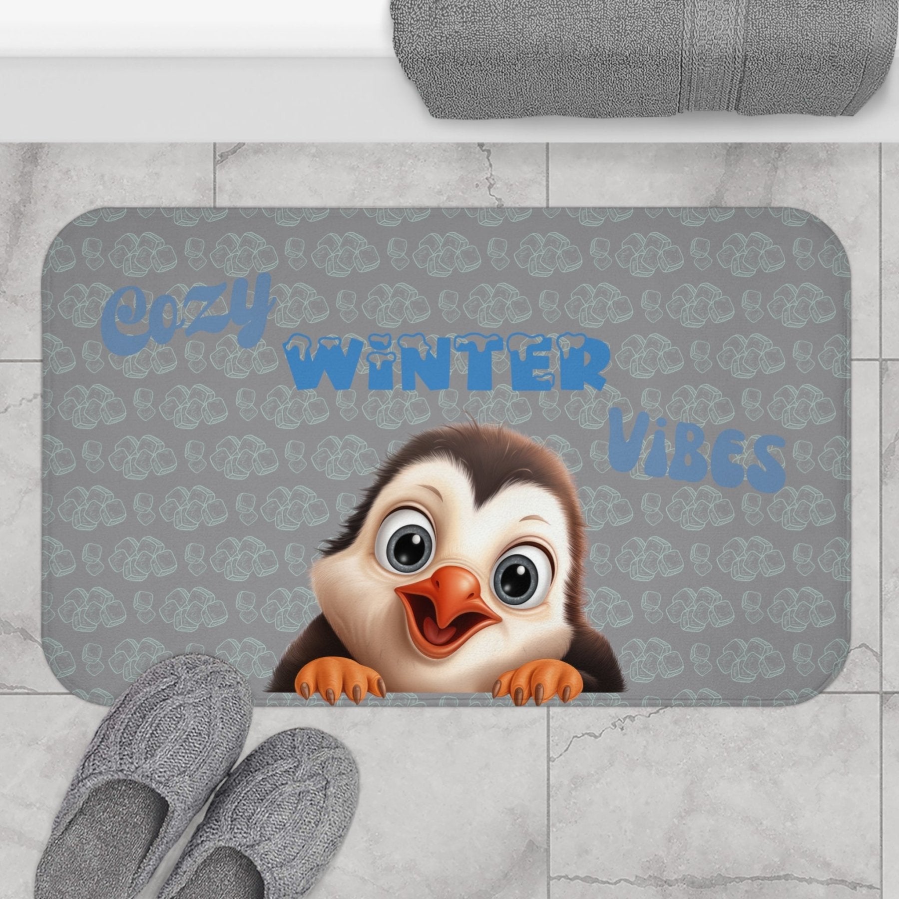 Bath Mat, Winter, Cozy Winter Vibes, Gray, Penguin 1 - Janlyn's Crafts