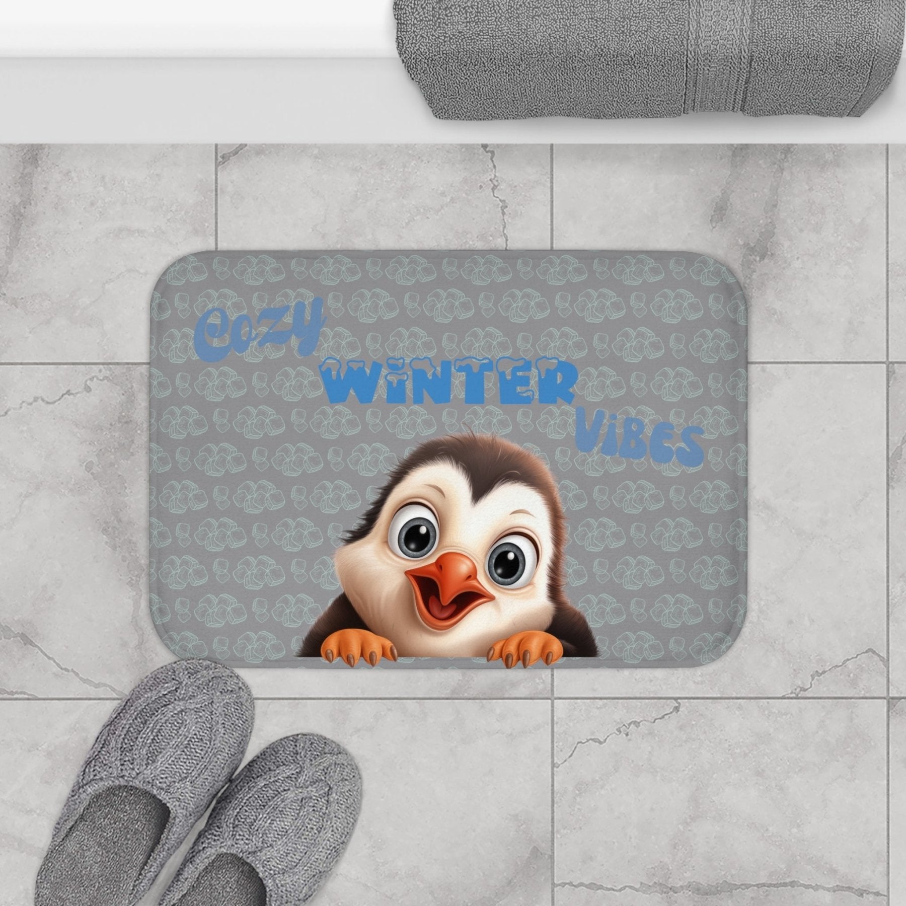 Bath Mat, Winter, Cozy Winter Vibes, Gray, Penguin 1 - Janlyn's Crafts