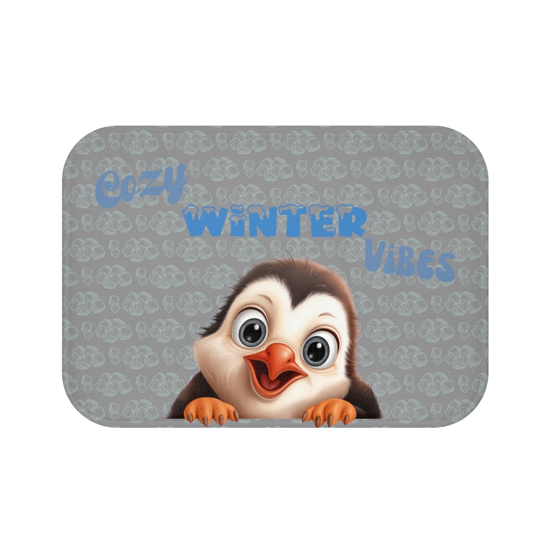 Bath Mat, Winter, Cozy Winter Vibes, Gray, Penguin 1 - Janlyn's Crafts