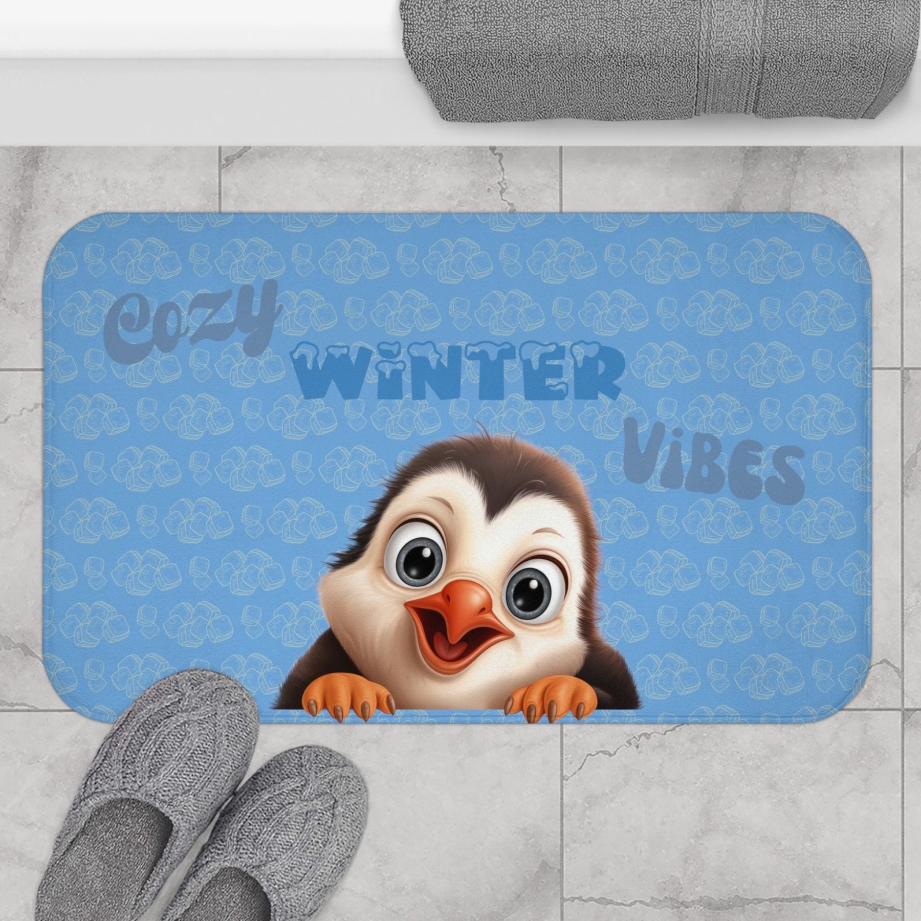 Bath Mat, Winter, Cozy Winter Vibes, Light Blue, Penguin 1 - Janlyn's Crafts