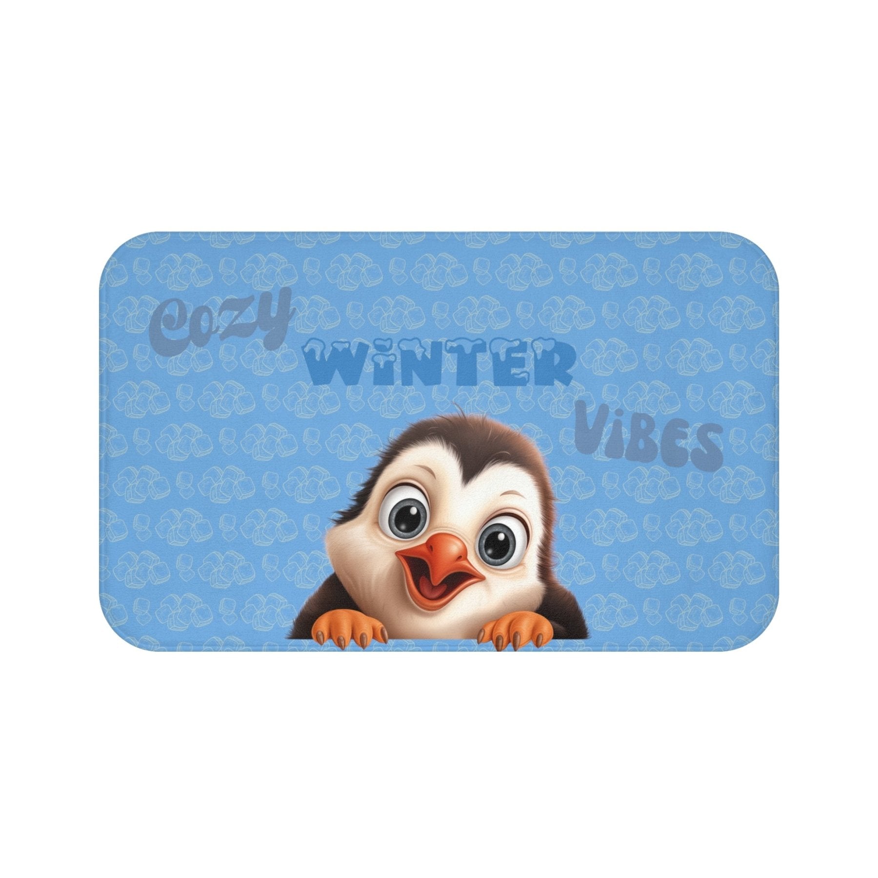 Bath Mat, Winter, Cozy Winter Vibes, Light Blue, Penguin 1 - Janlyn's Crafts