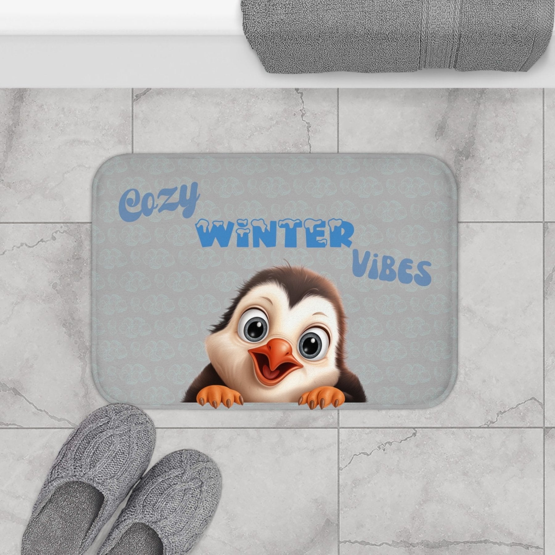 Bath Mat, Winter, Cozy Winter Vibes, Light Gray, Penguin 1 - Janlyn's Crafts