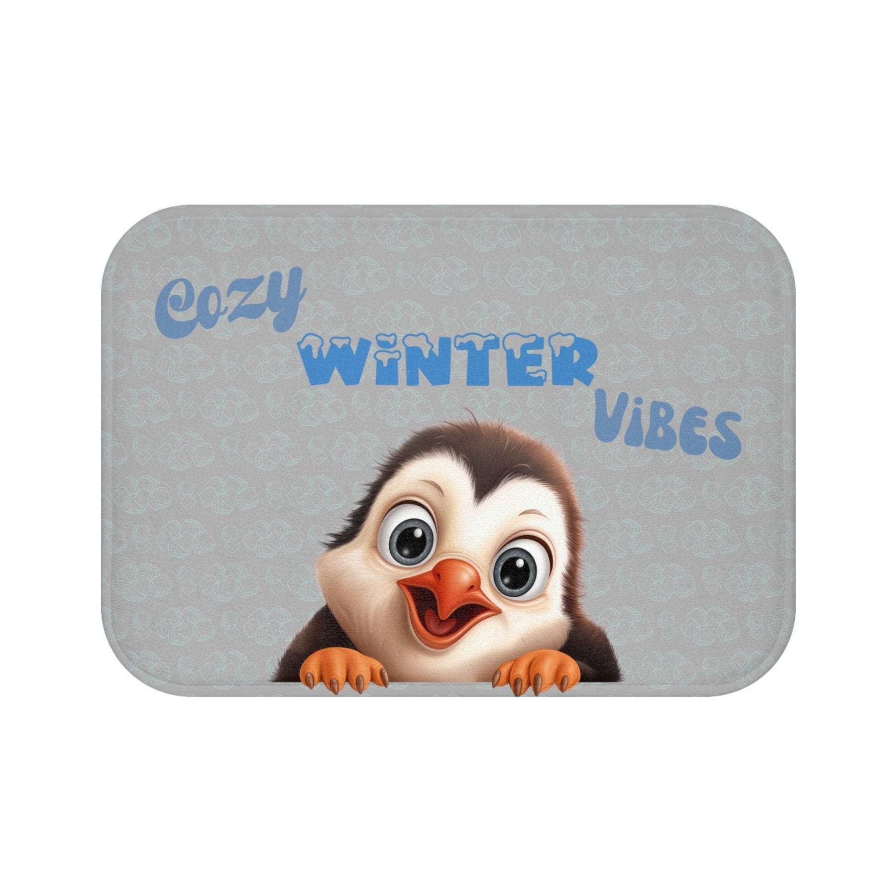 Bath Mat, Winter, Cozy Winter Vibes, Light Gray, Penguin 1 - Janlyn's Crafts