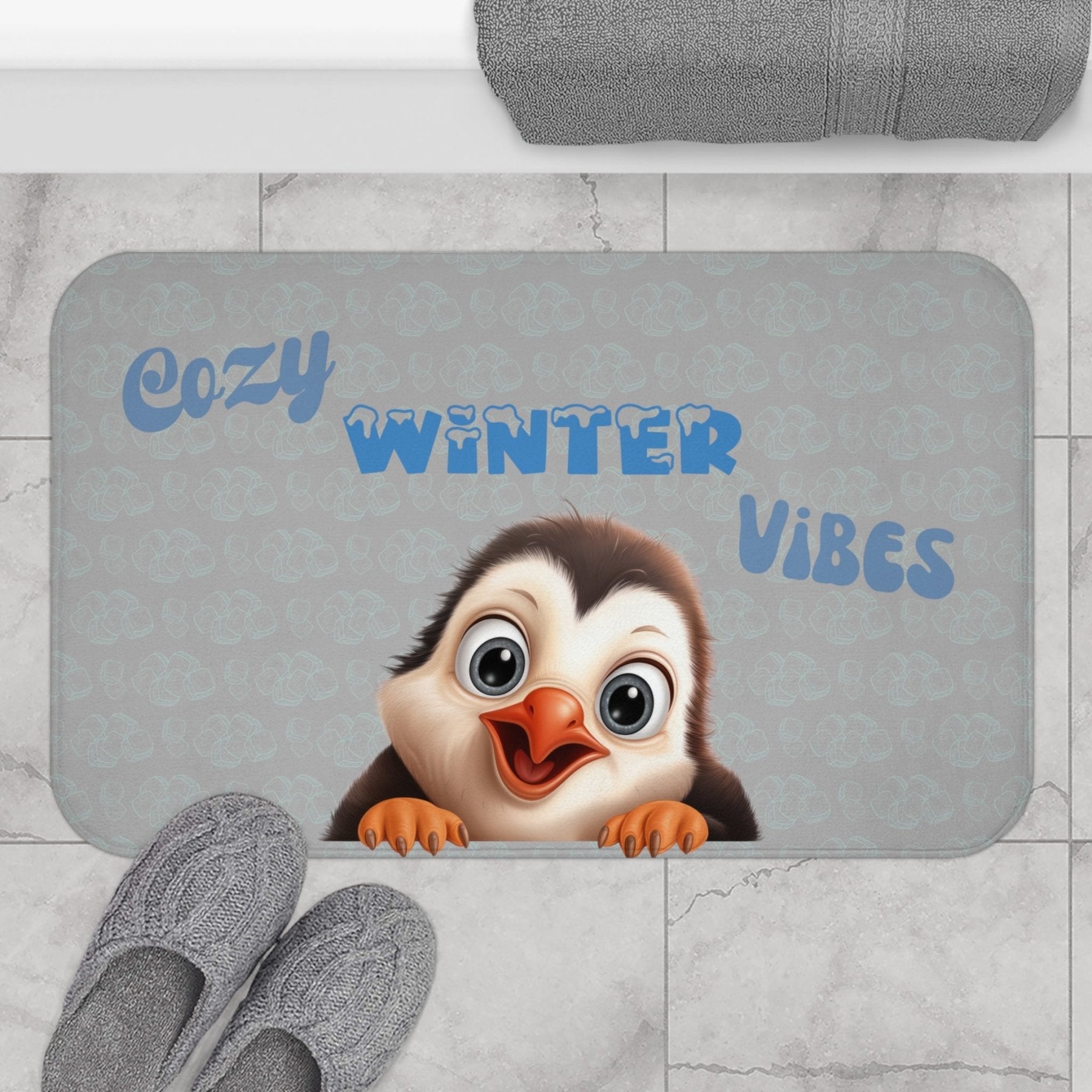 Bath Mat, Winter, Cozy Winter Vibes, Light Gray, Penguin 1 - Janlyn's Crafts