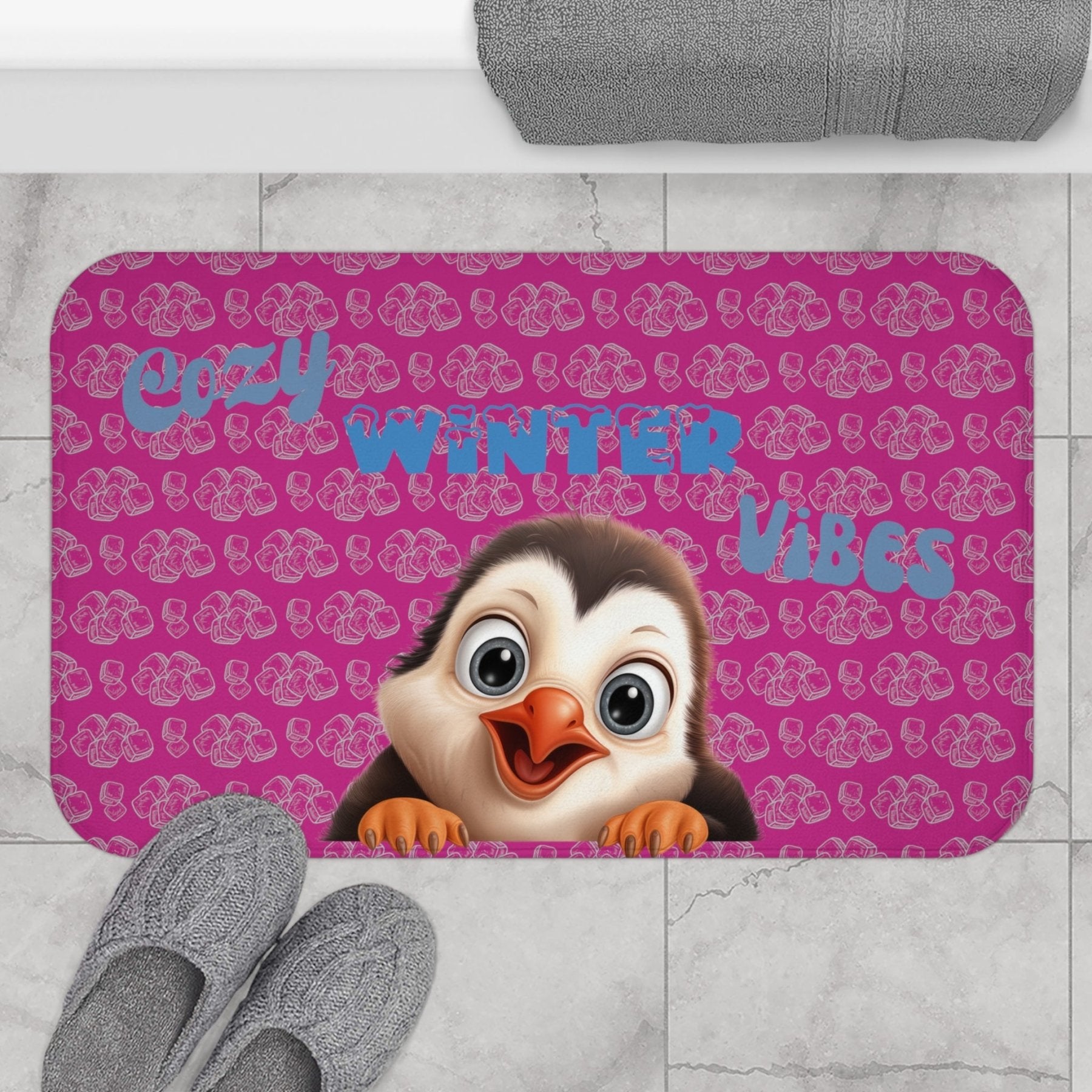 Bath Mat, Winter, Cozy Winter Vibes, Pink, Penguin 1 - Janlyn's Crafts