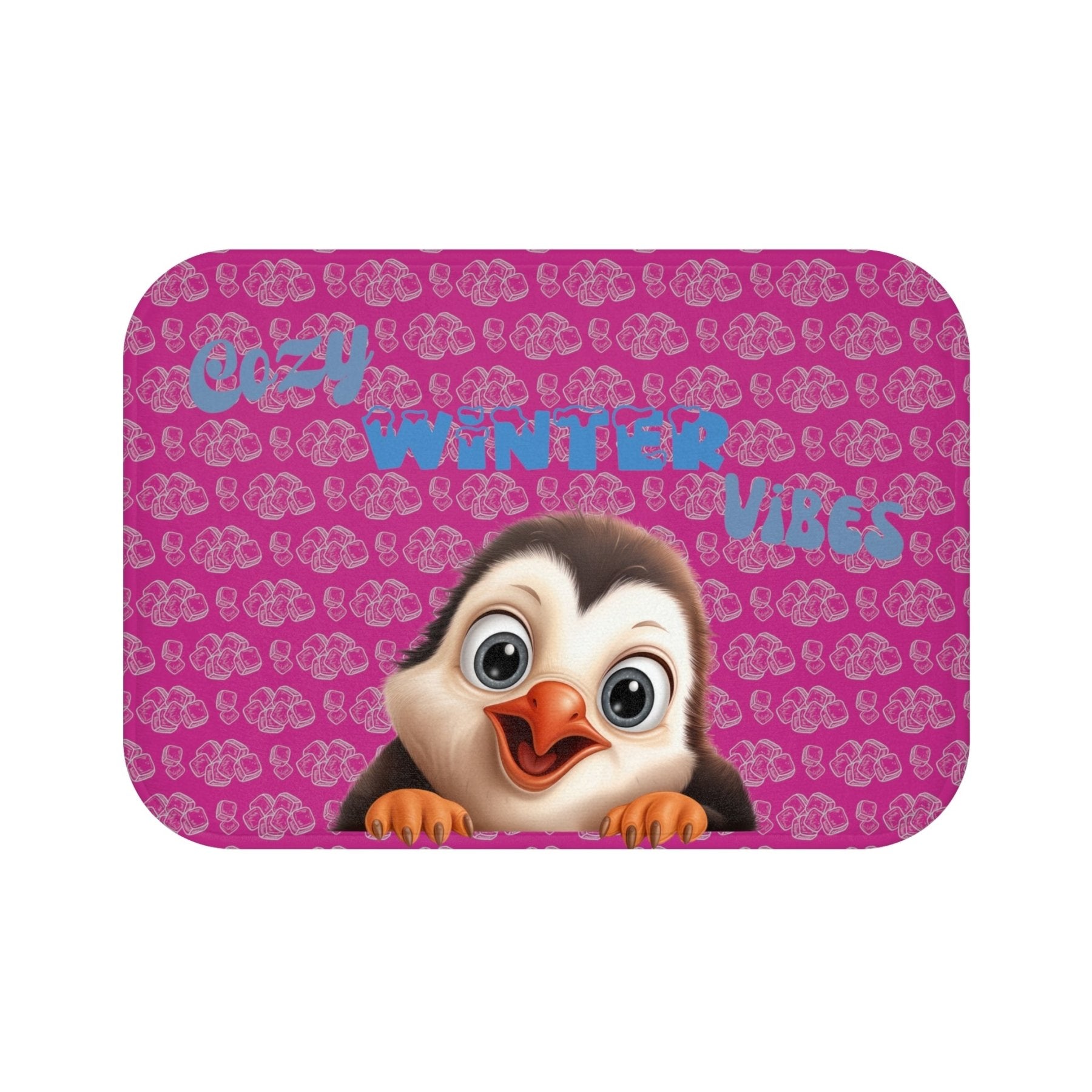 Bath Mat, Winter, Cozy Winter Vibes, Pink, Penguin 1 - Janlyn's Crafts