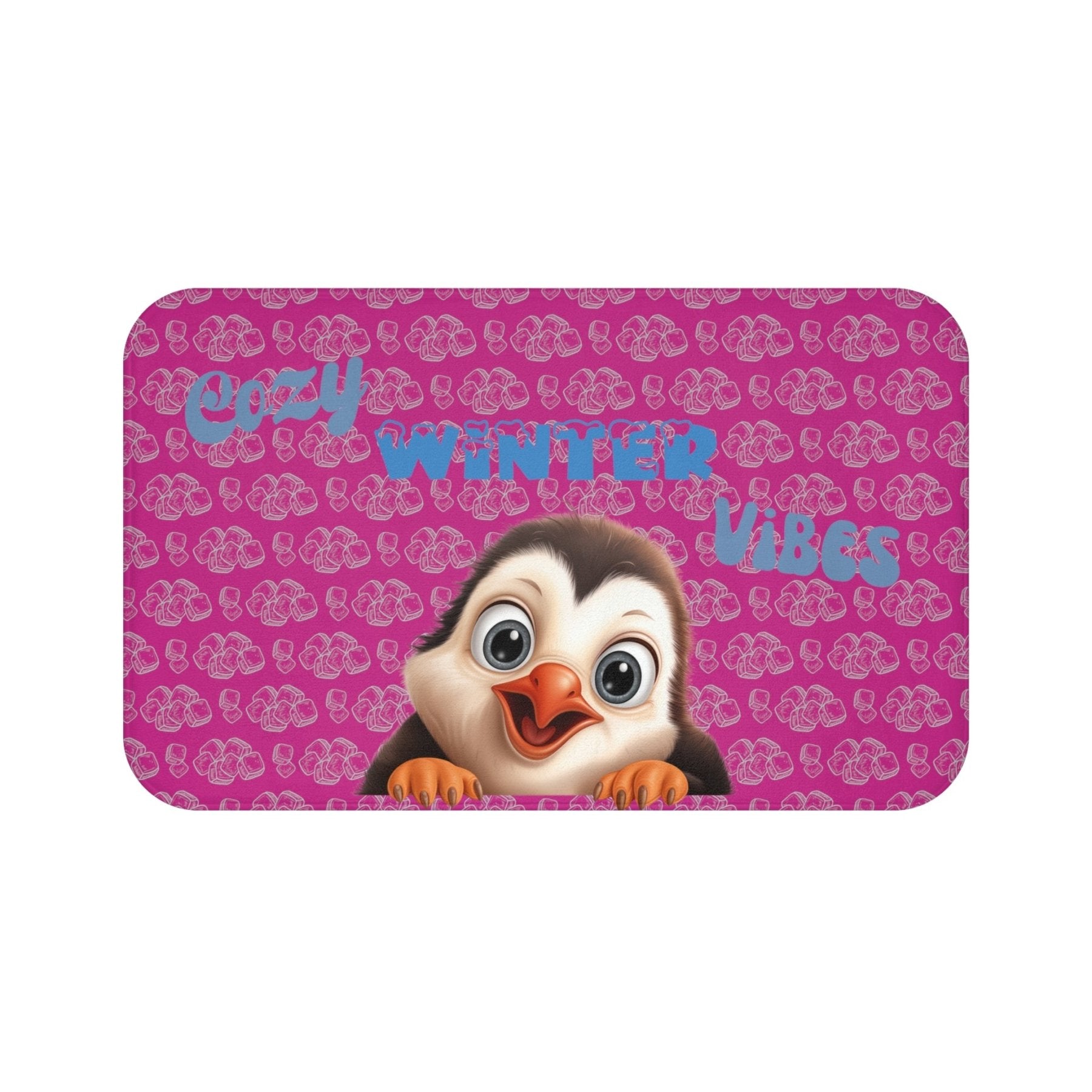 Bath Mat, Winter, Cozy Winter Vibes, Pink, Penguin 1 - Janlyn's Crafts