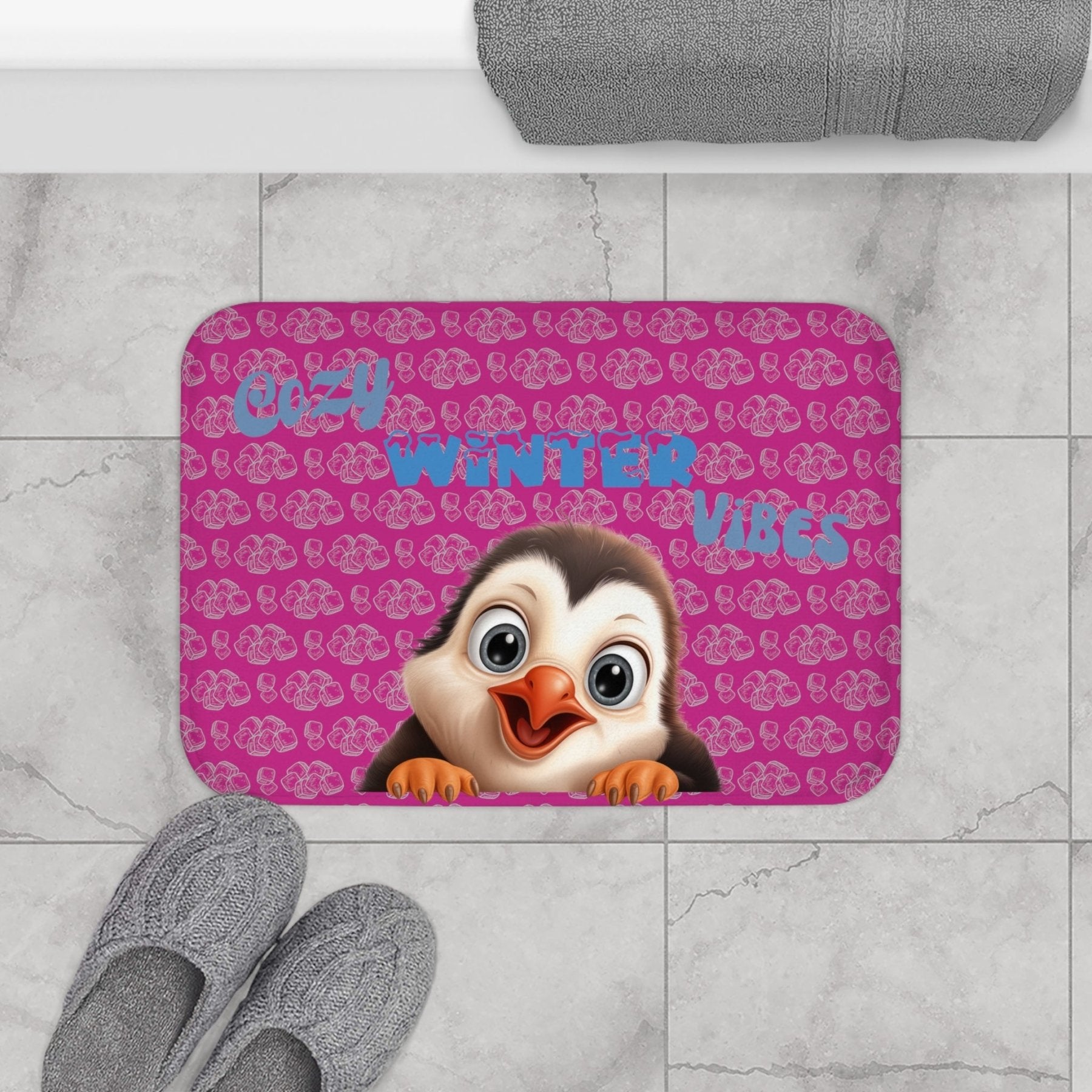 Bath Mat, Winter, Cozy Winter Vibes, Pink, Penguin 1 - Janlyn's Crafts