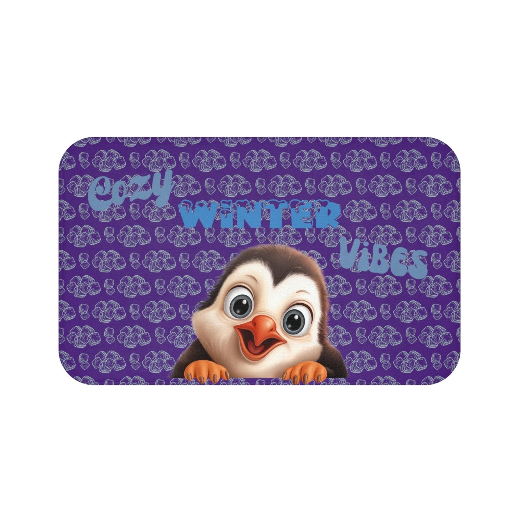 Bath Mat, Winter, Cozy Winter Vibes, Purple, Penguin 1 - Janlyn's Crafts