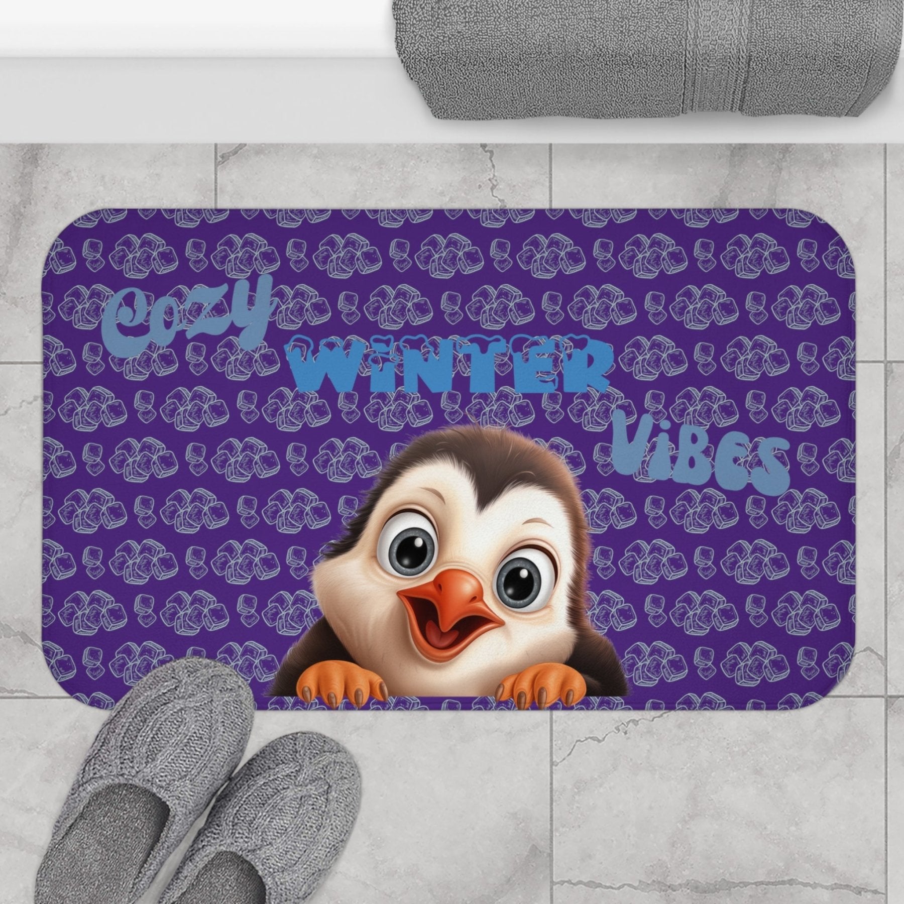 Bath Mat, Winter, Cozy Winter Vibes, Purple, Penguin 1 - Janlyn's Crafts