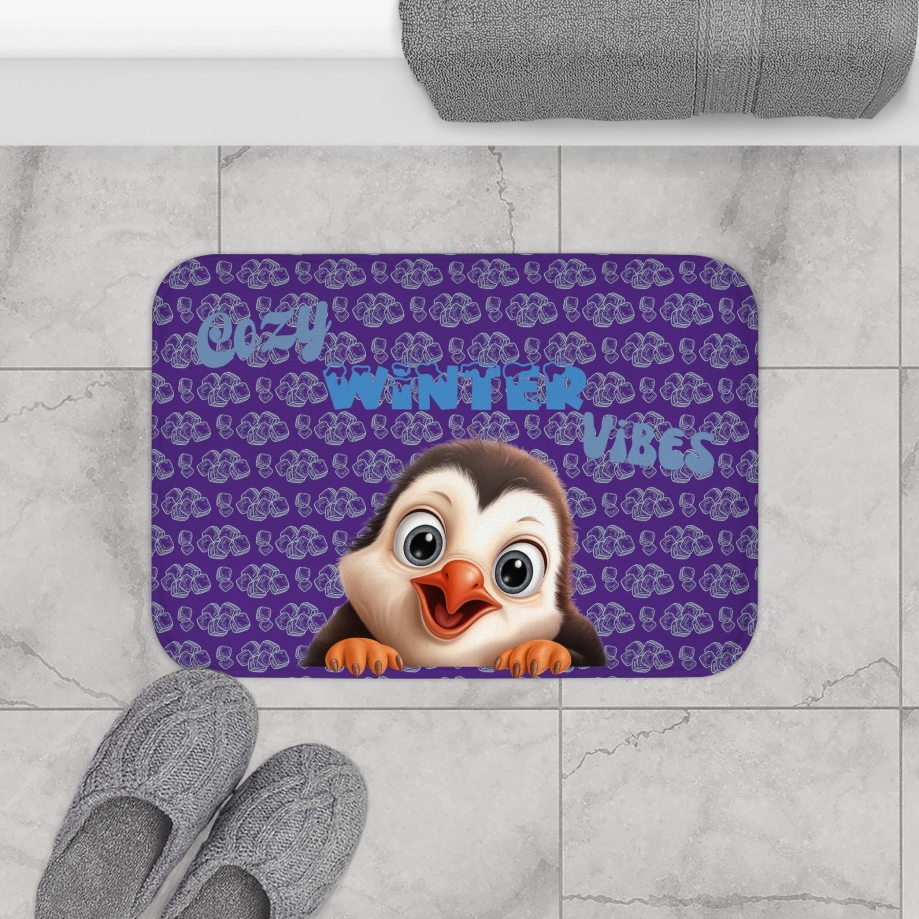 Bath Mat, Winter, Cozy Winter Vibes, Purple, Penguin 1 - Janlyn's Crafts